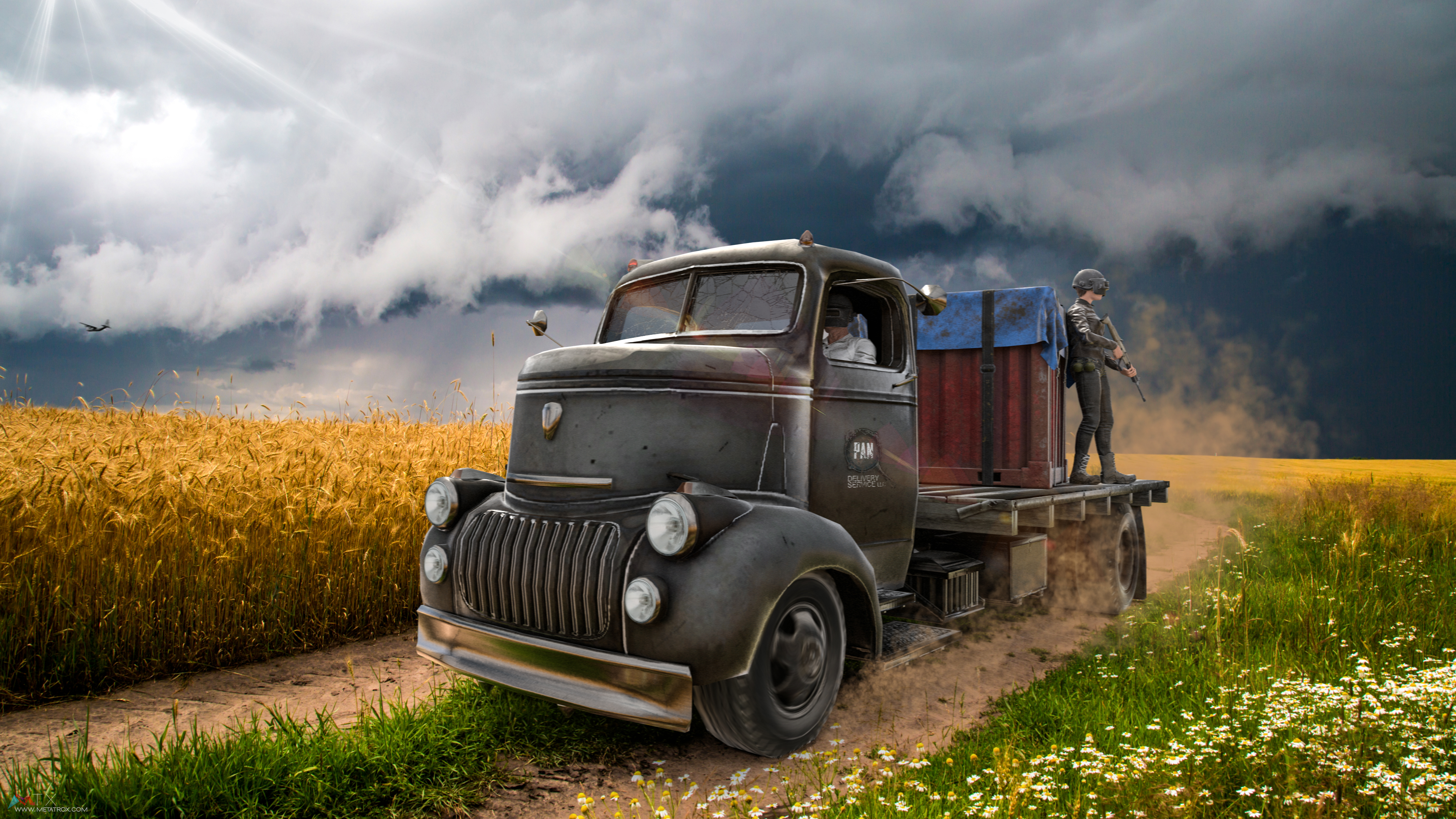 PUBG truck with soldiers in a wheat field HD Wallpaper