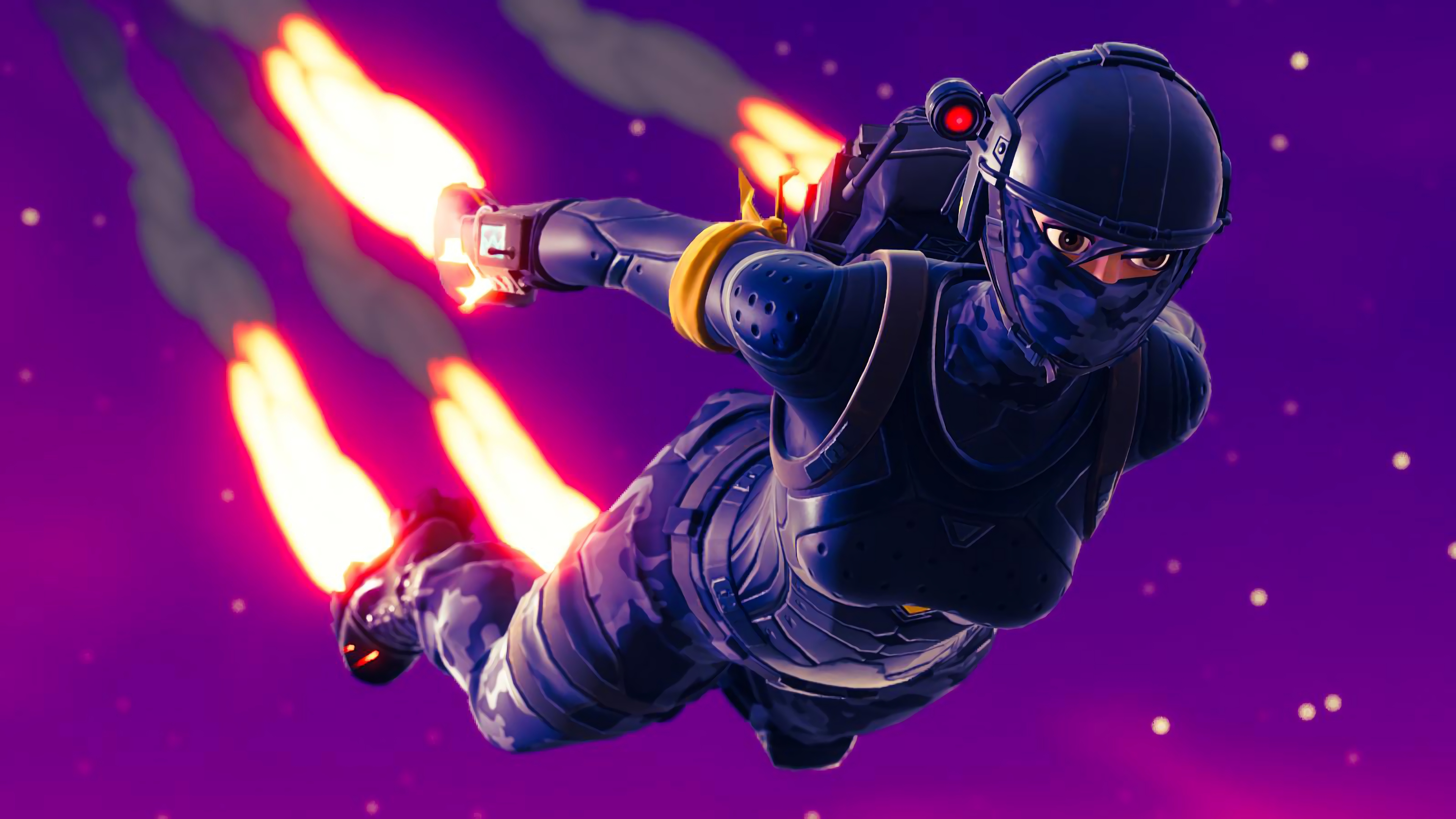 Fortnite character with jetpacks in purple sky 4K HD Wallpaper