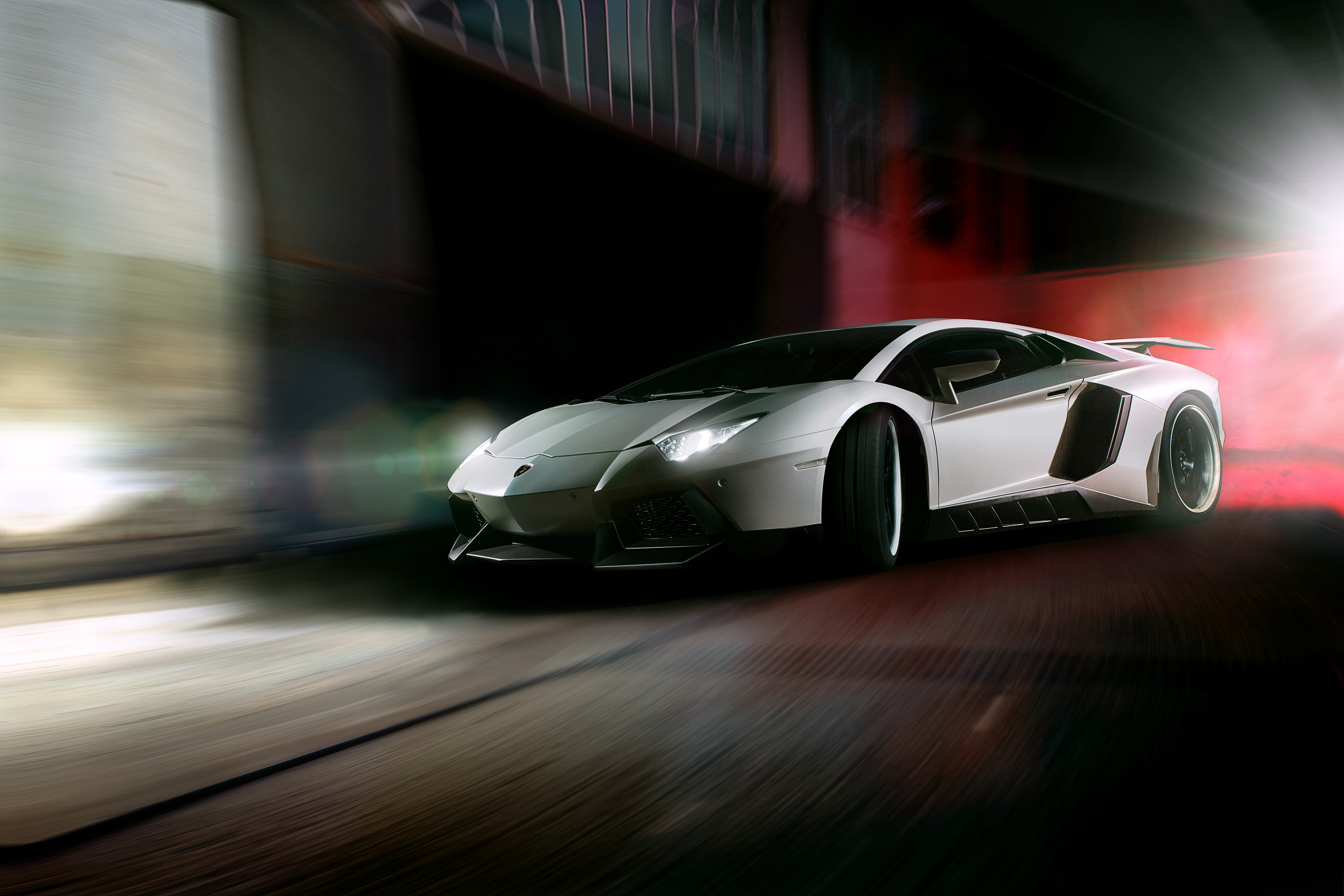 White Lamborghini Aventador driving fast HD Wallpaper
