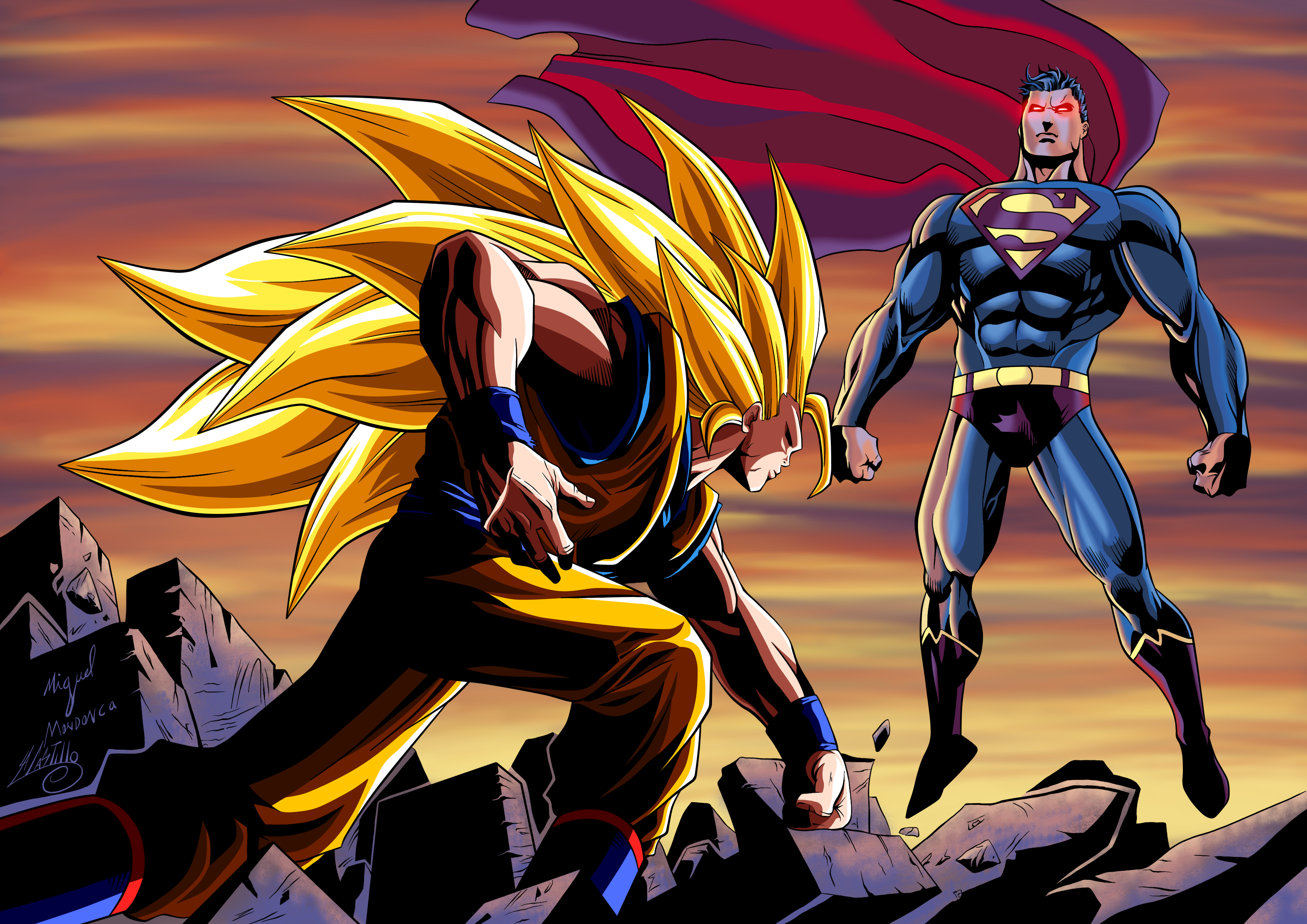 Goku and Superman face off in a digital artwork HD Wallpaper