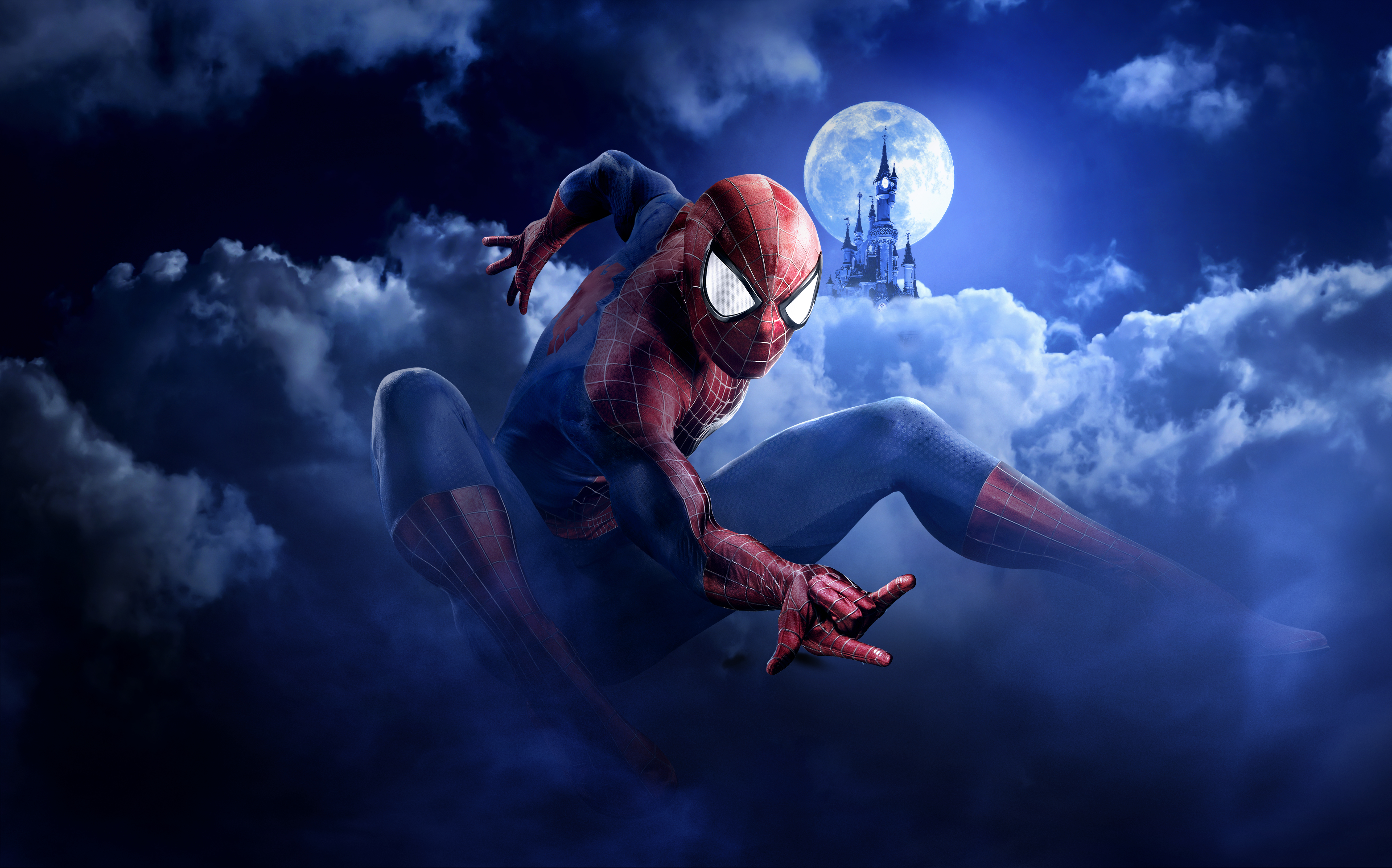 Spider-Man in front of a castle under the moon HD Wallpaper