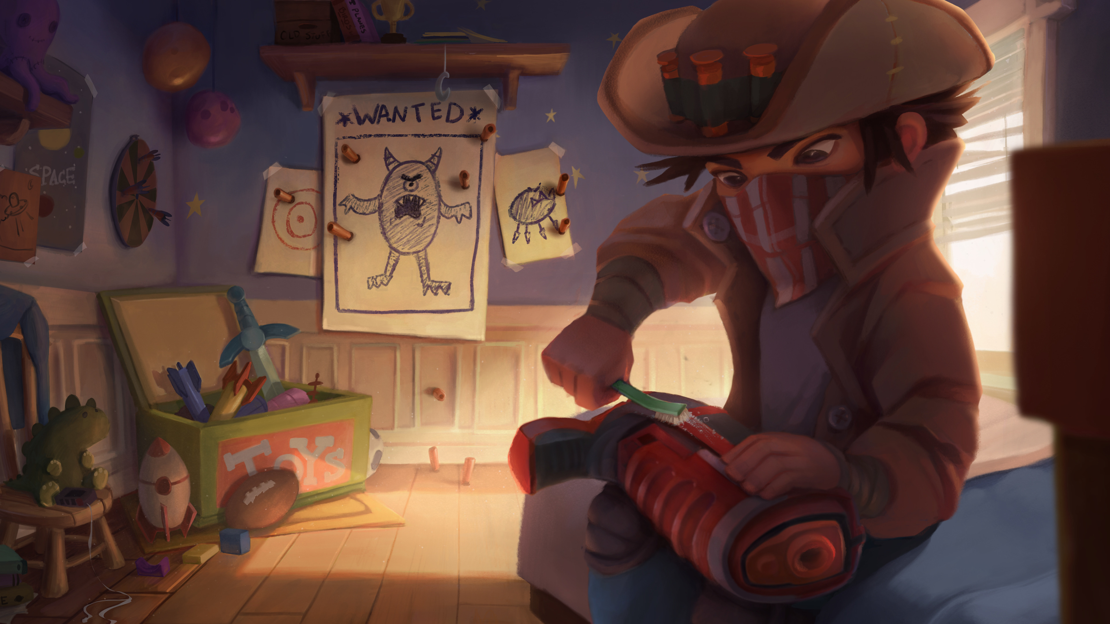 Young boy cleaning a toy gun in a room HD Wallpaper