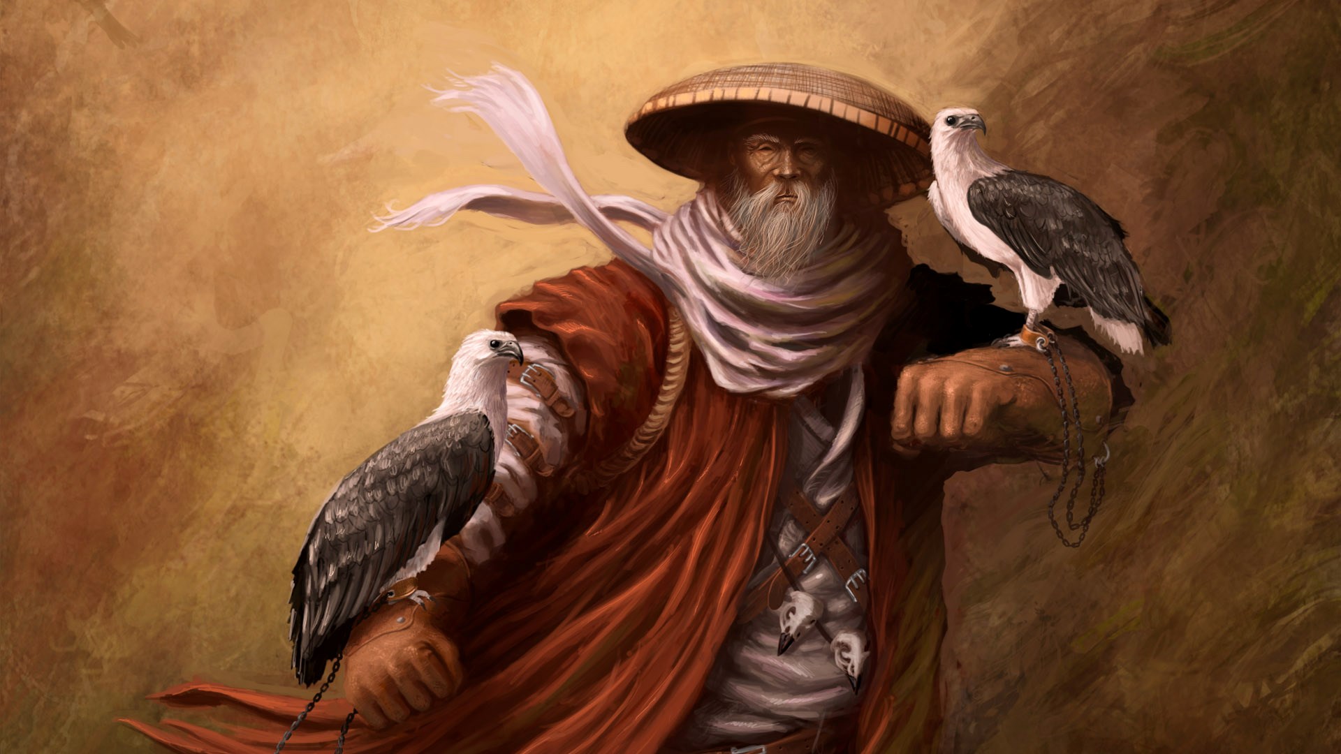 Elderly man with a hat and two eagles HD Wallpaper