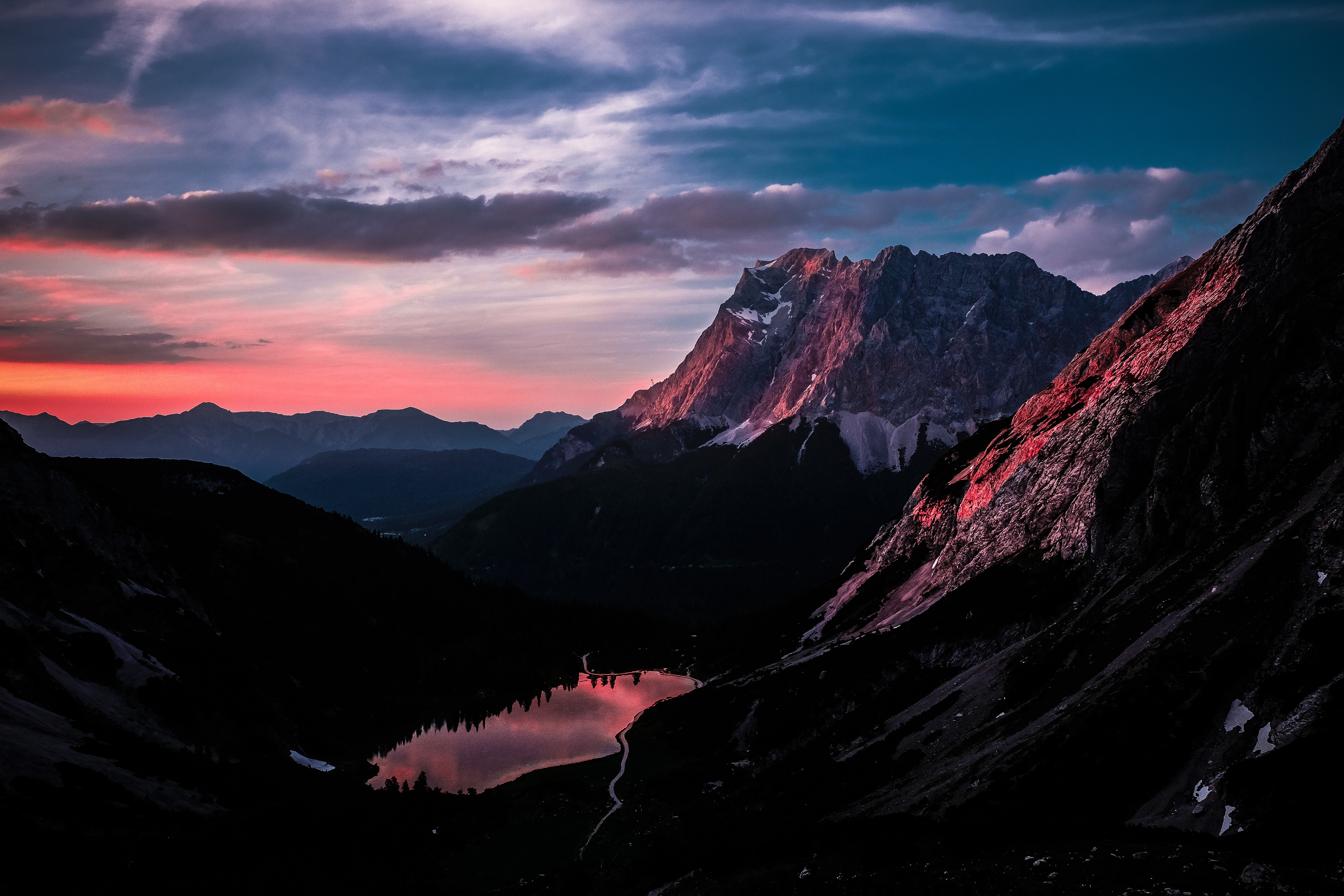 Mountains and lake at sunset HD Wallpaper