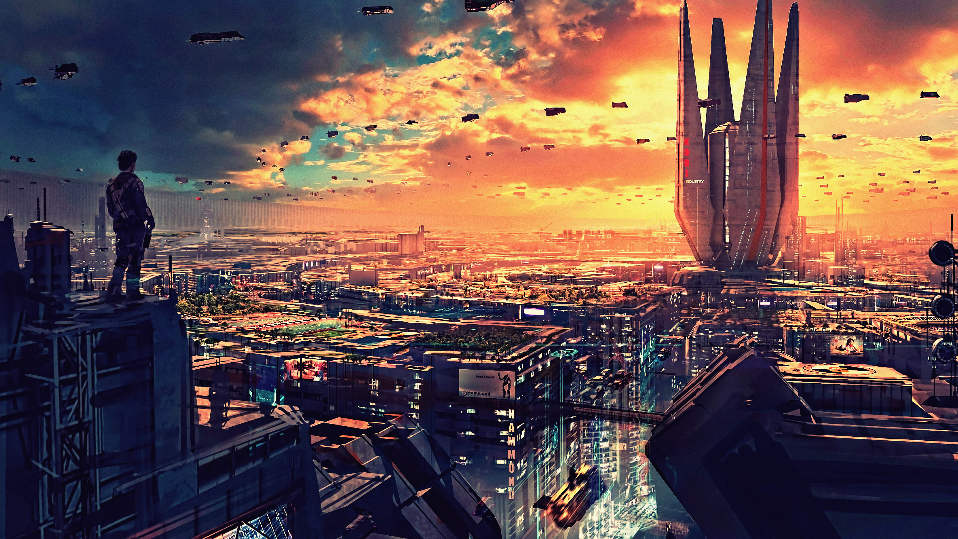Futuristic Cityscape with Flying Vehicles HD Wallpaper