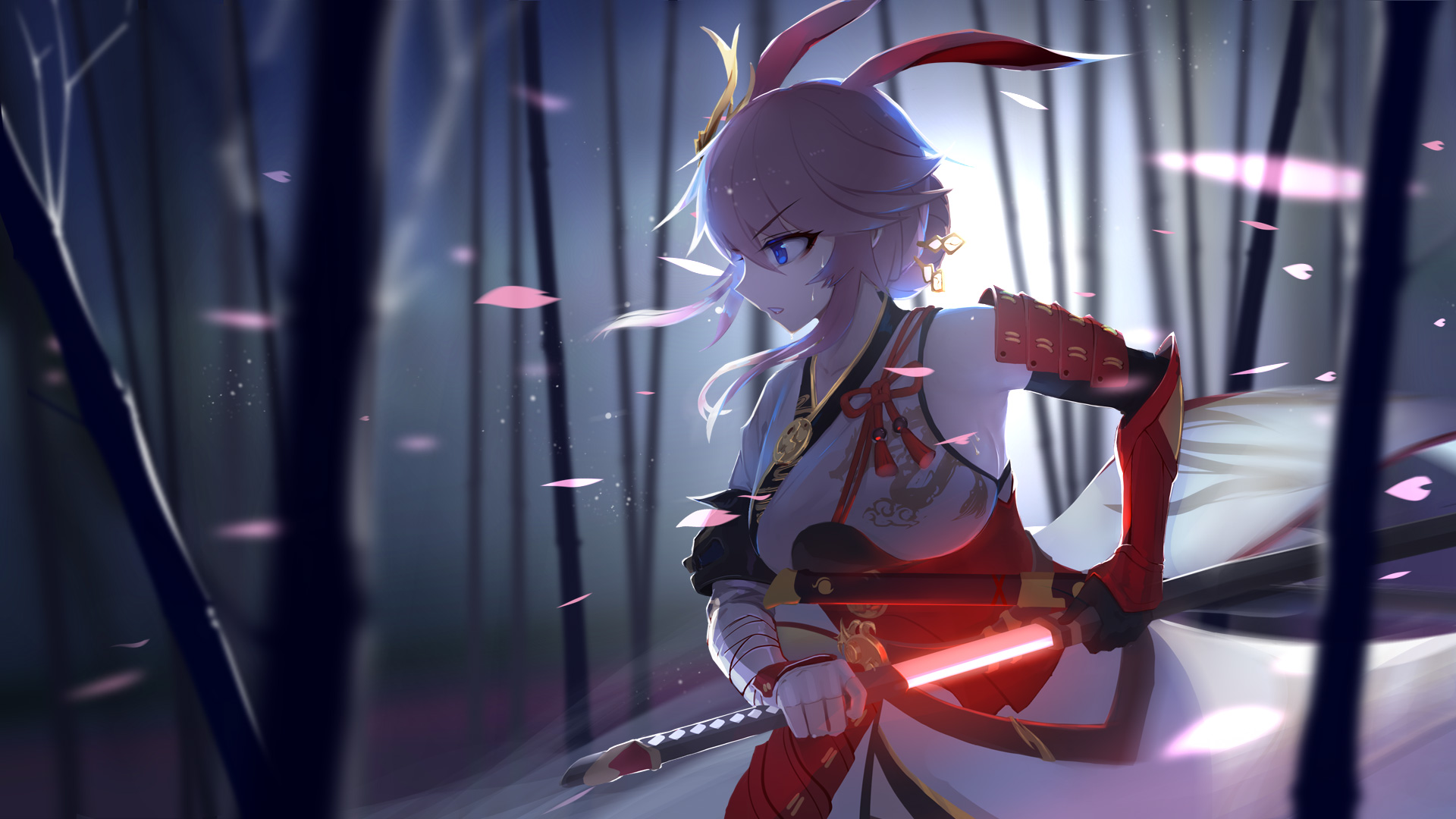 Anime girl with pink hair holding a glowing sword HD Wallpaper