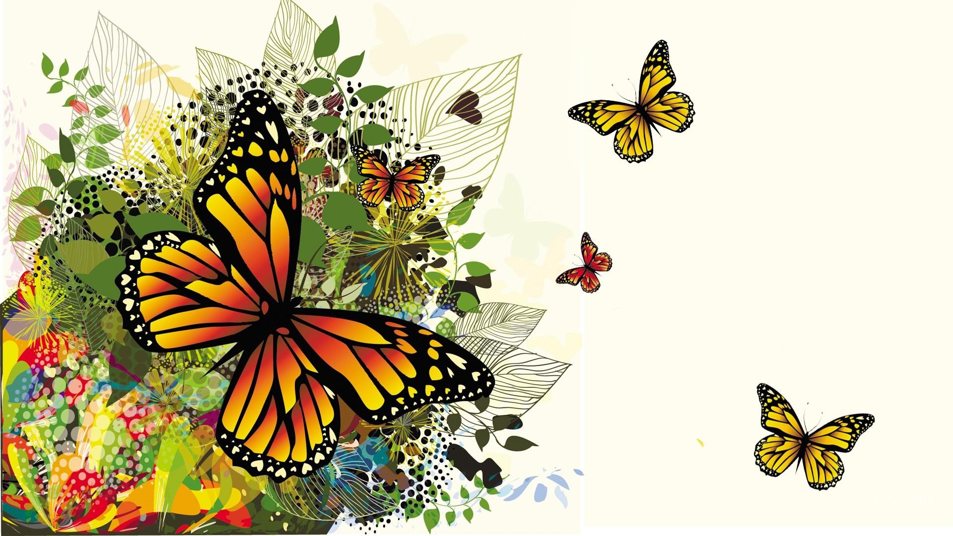 Monarch and yellow butterflies with floral elements HD Wallpaper