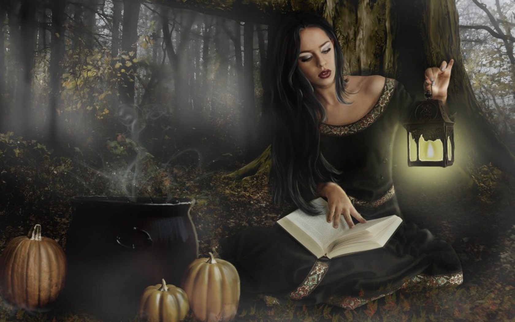 Woman with lantern and book in forest HD Wallpaper