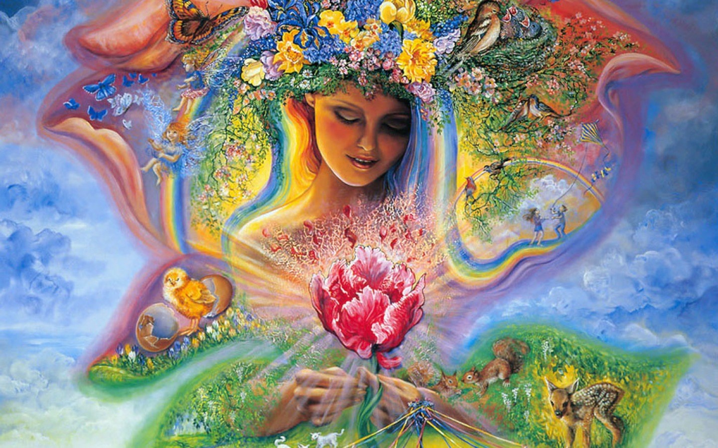 Painting of a woman with flowers and nature elements HD Wallpaper