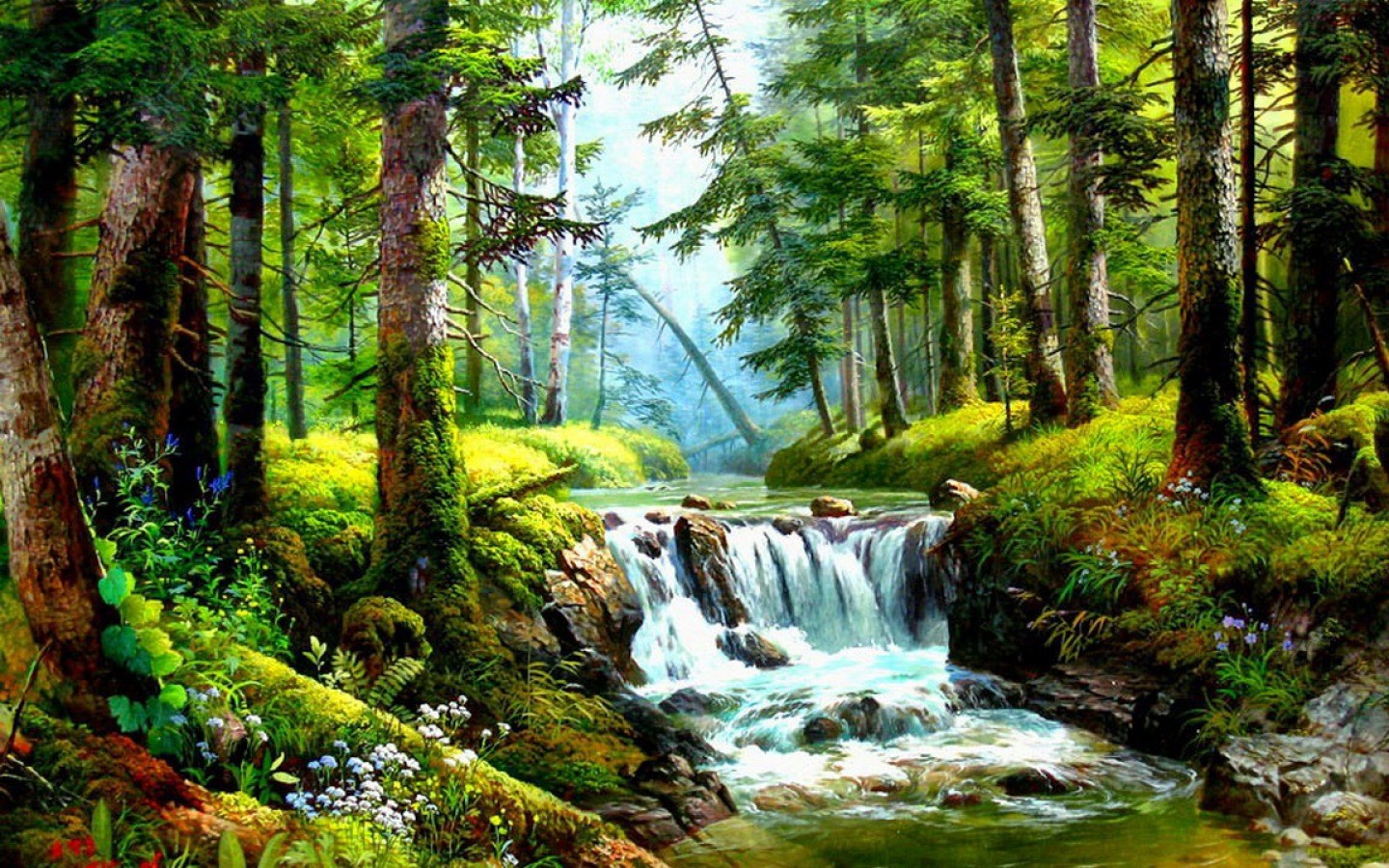 Painting of a forest stream with a waterfall HD Wallpaper