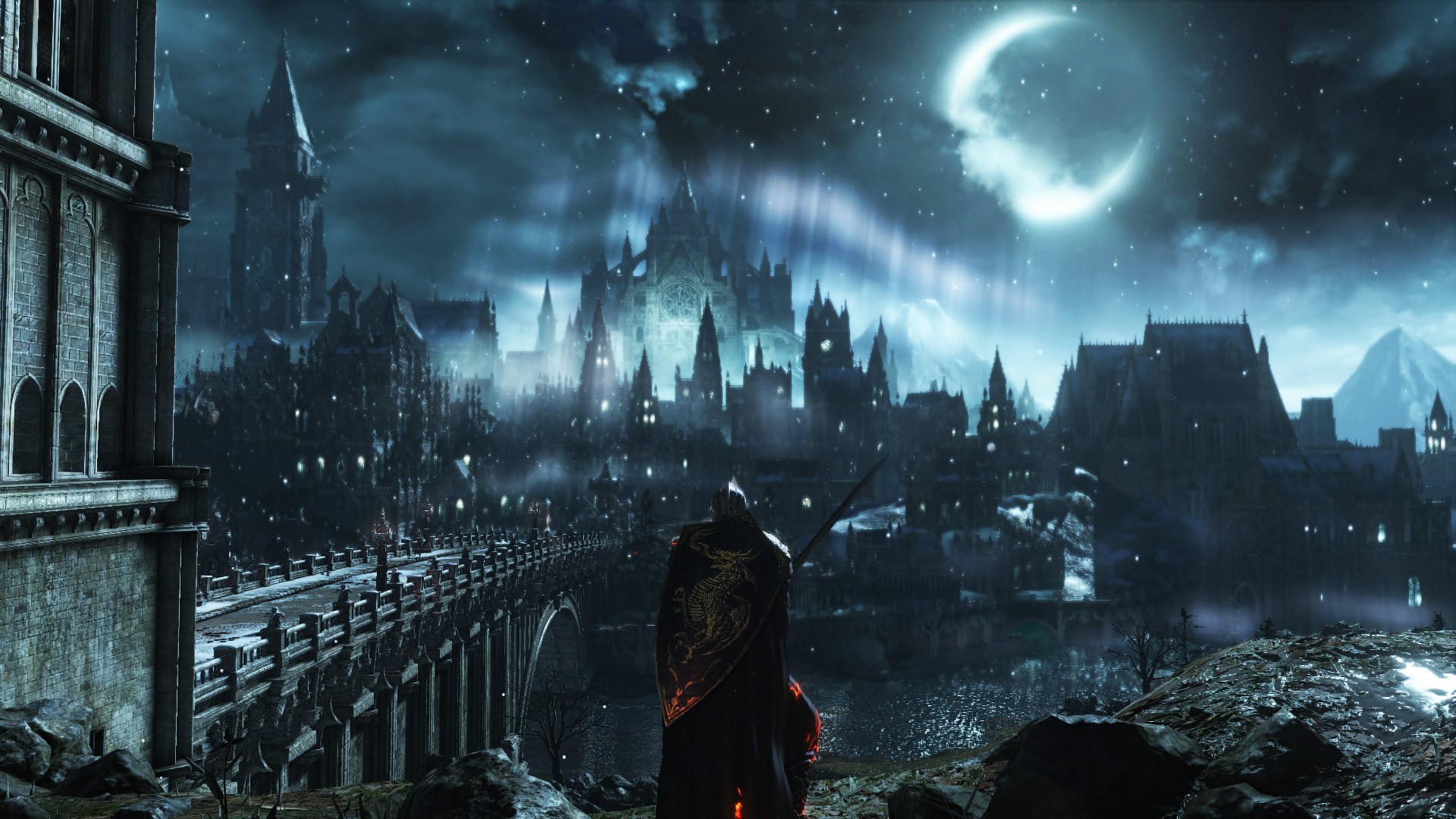Dark Souls III Knight overlooking a city at night HD Wallpaper