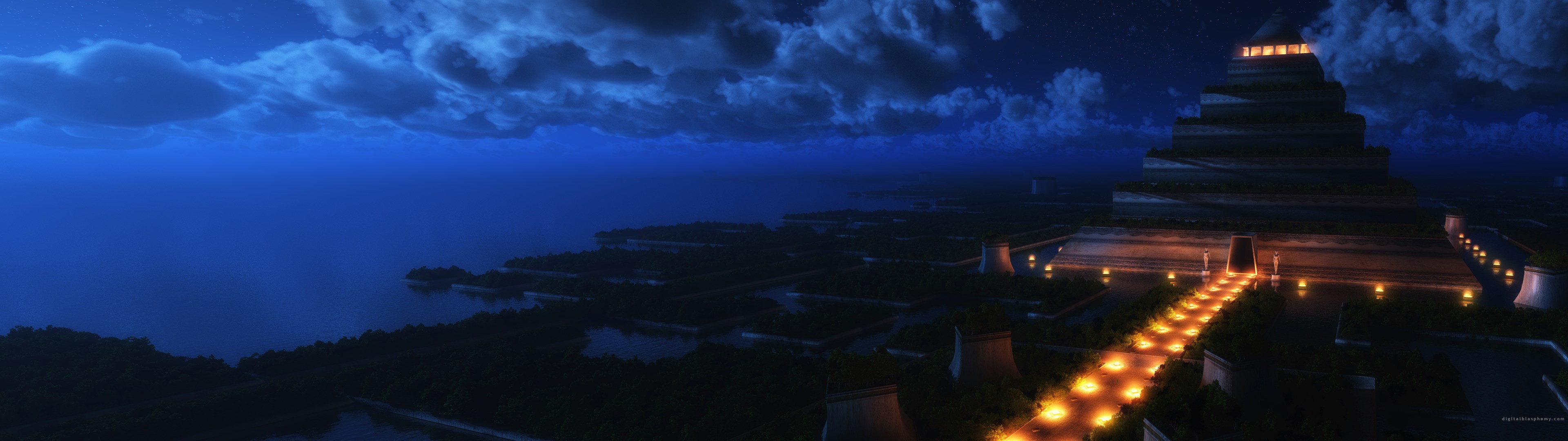 Fantasy ziggurat by the sea at night HD Wallpaper