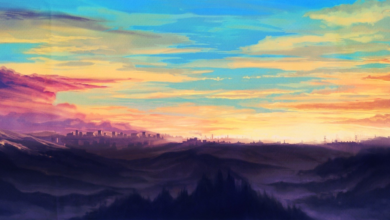 Cityscape at sunset with colorful clouds HD Wallpaper