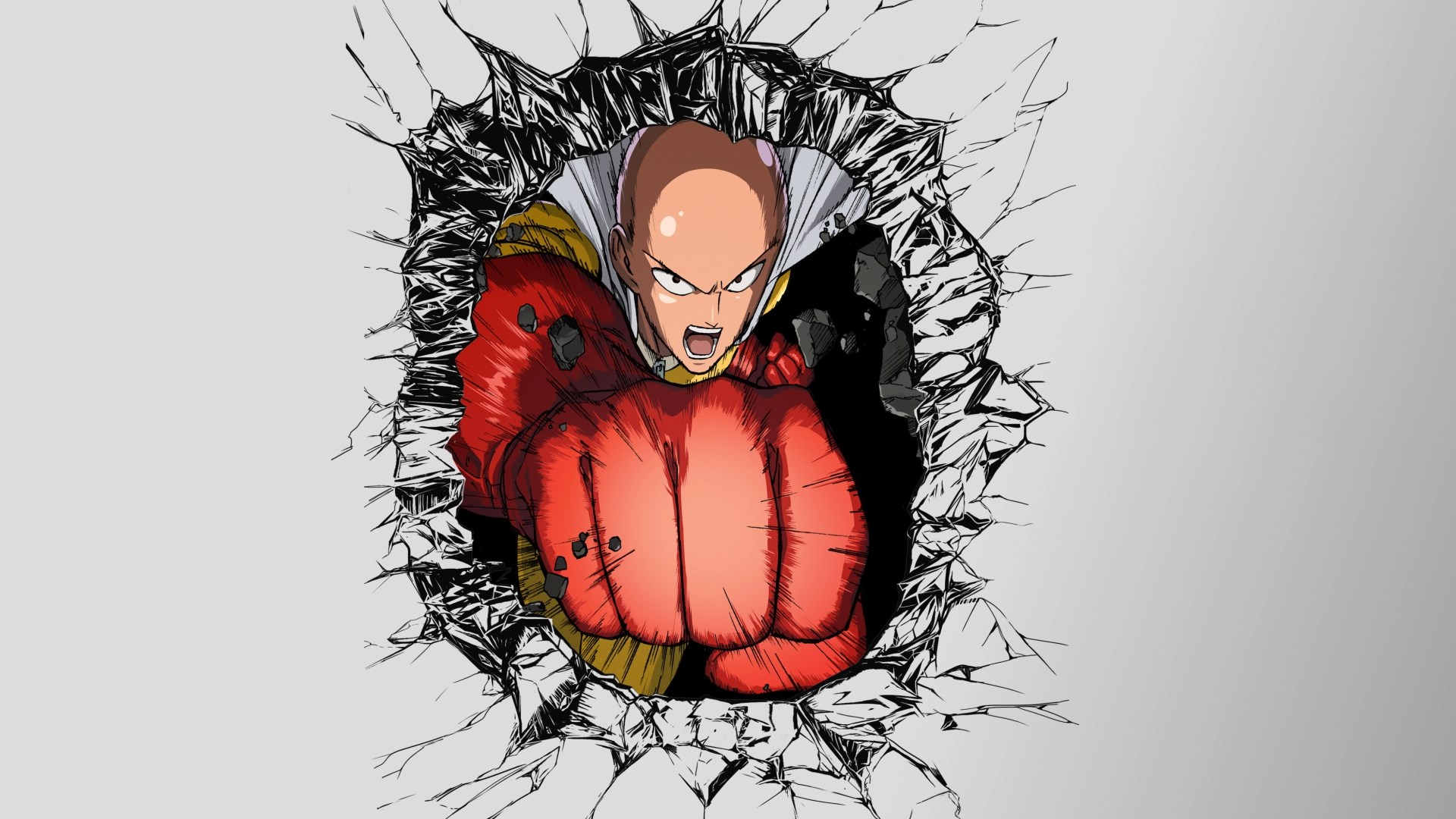 Saitama from One Punch Man punching through a wall HD Wallpaper