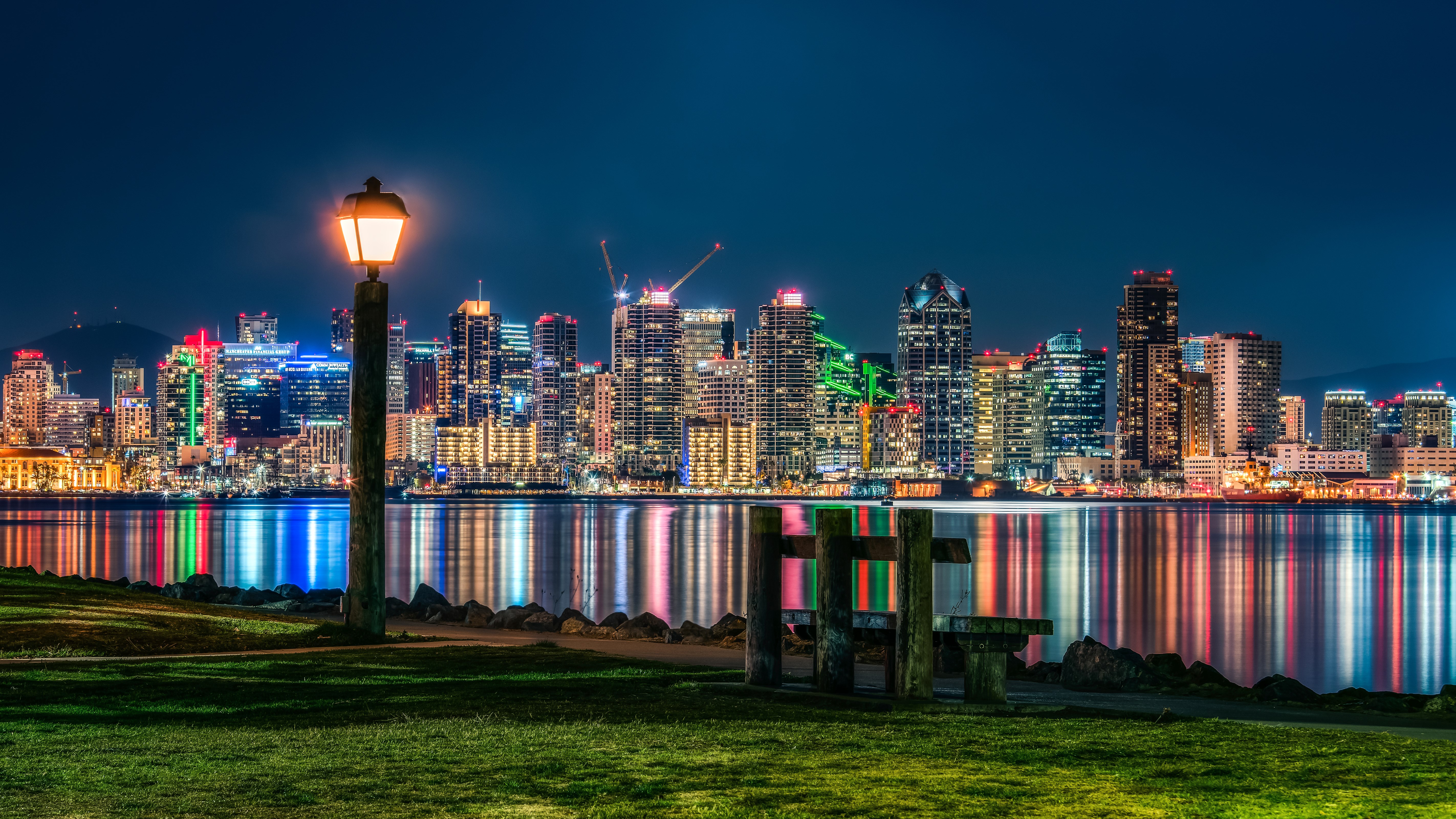 San Diego skyline at night with reflections HD Wallpaper