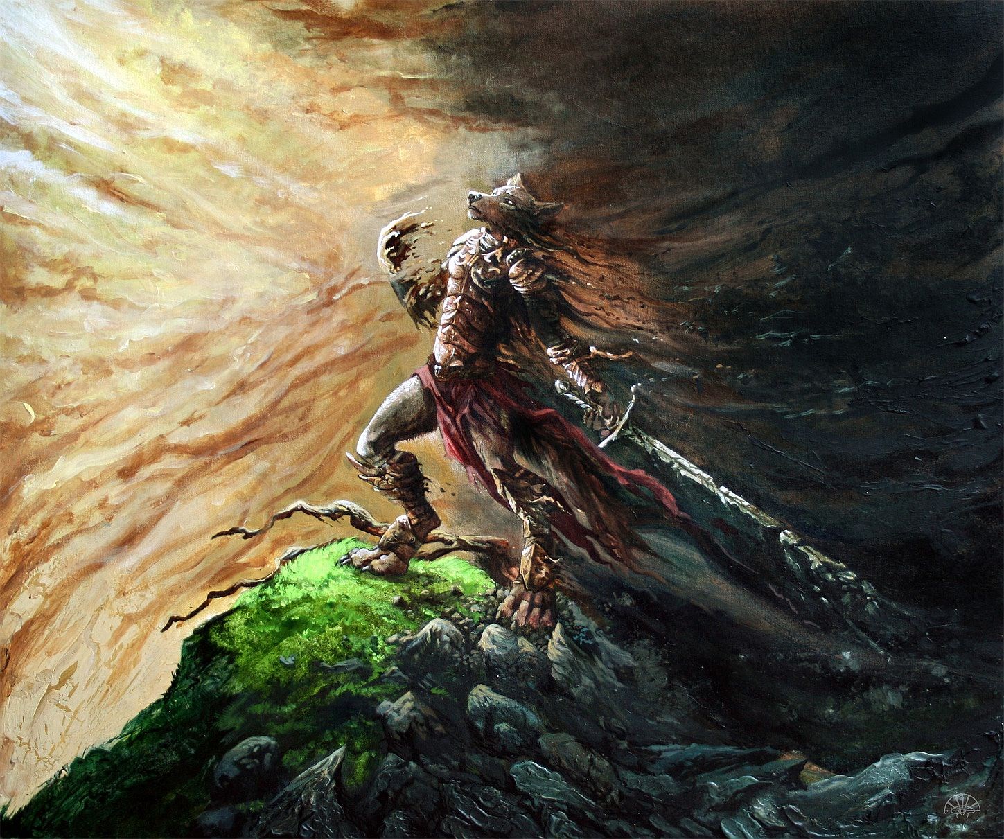 Warrior with wolf head on a cliff HD Wallpaper