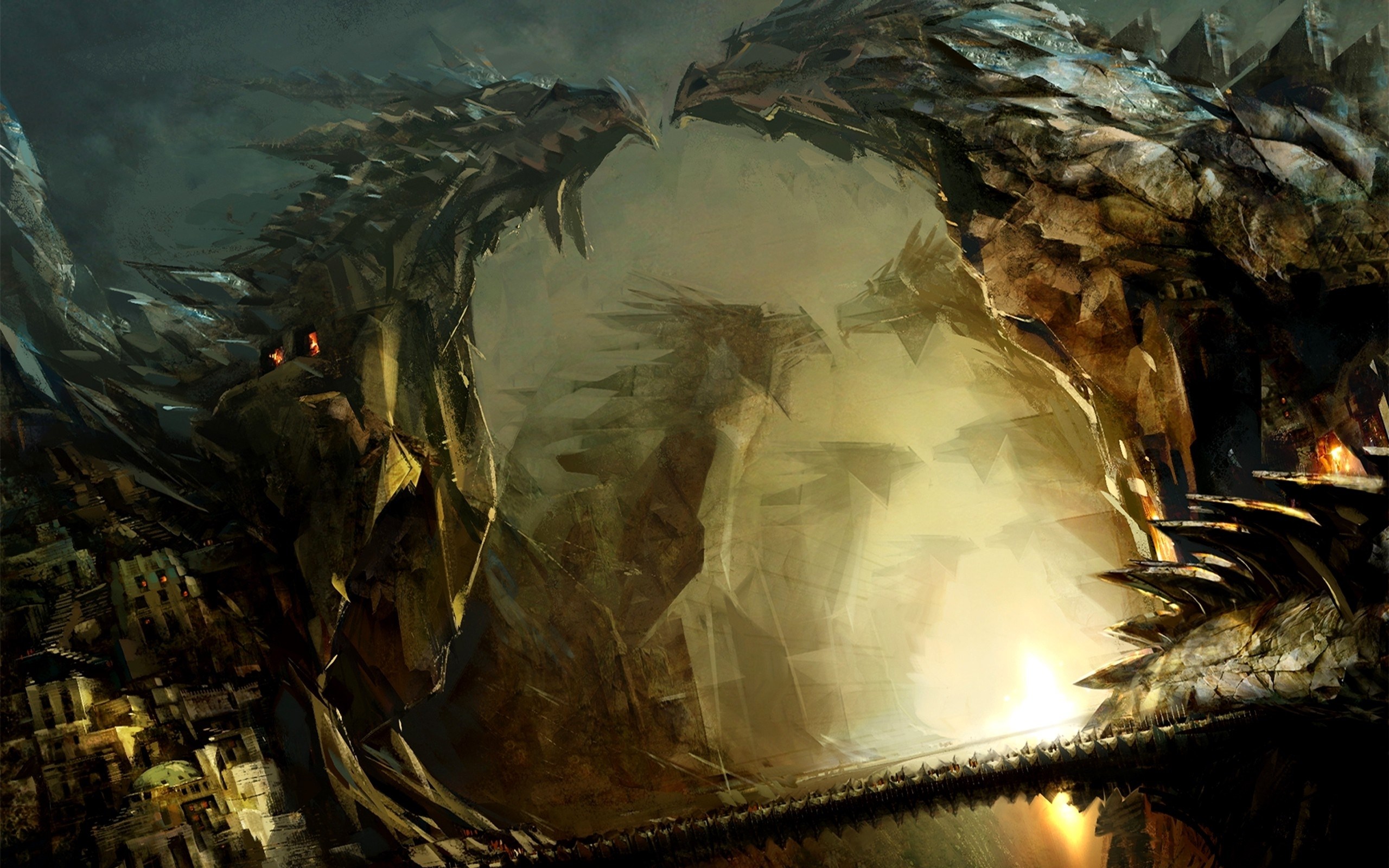 Guild Wars 2 concept art of dragons and city HD Wallpaper