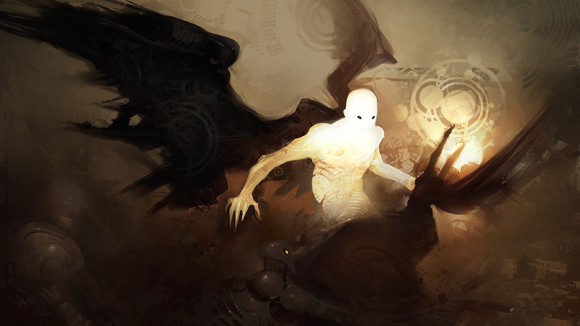 Glowing humanoid with dark wings and mechanical elements HD Wallpaper