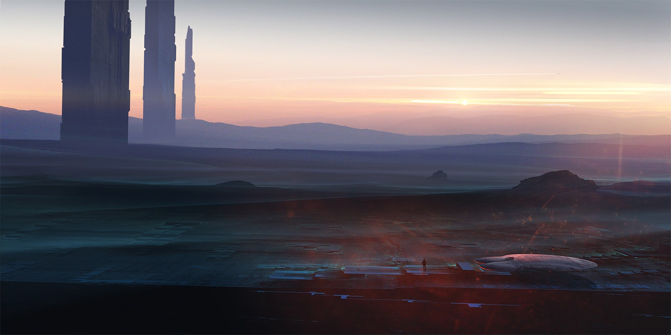 Alien Landscape with Tall Structures at Sunset HD Wallpaper