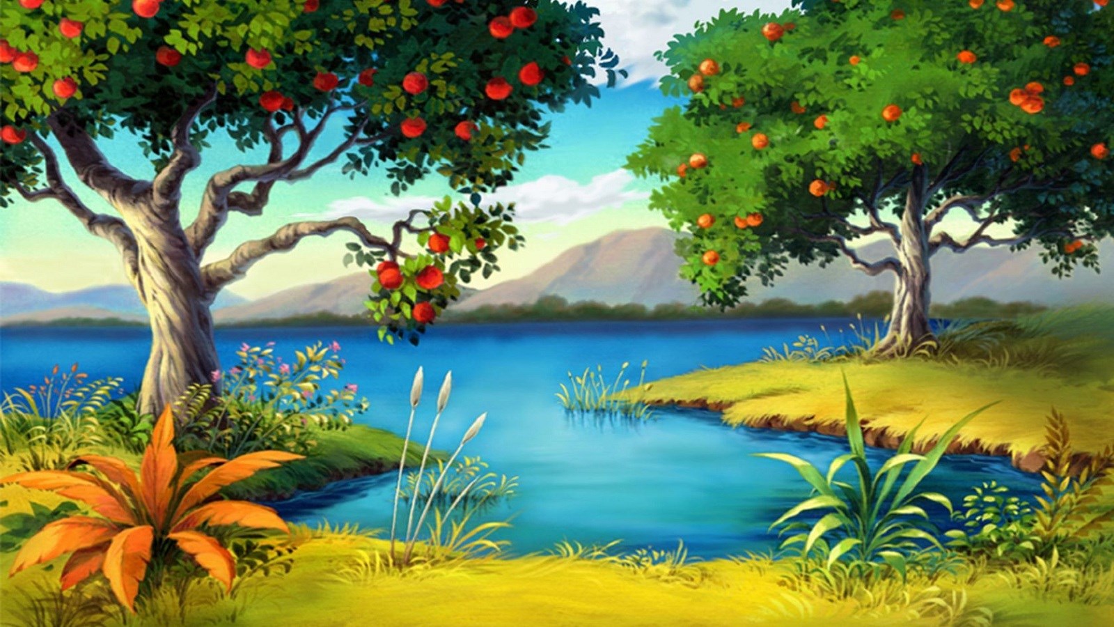 Landscape with fruit trees by a lake HD Wallpaper