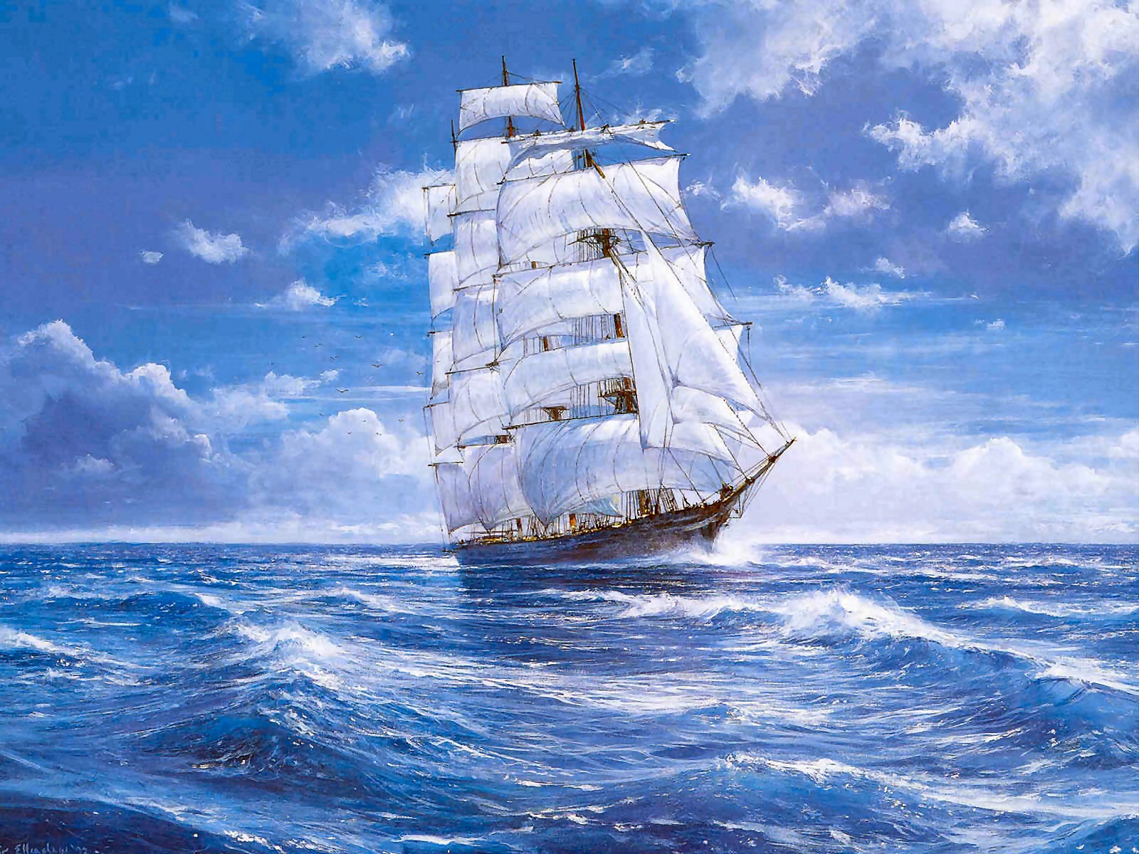 Painting of a tall ship sailing on the ocean HD Wallpaper