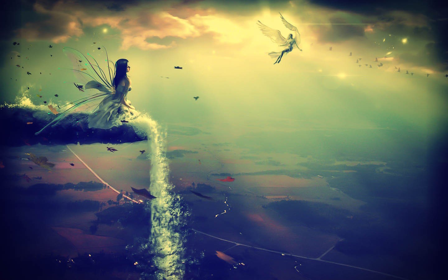 Mystical Fairy with Waterfall Wings in Dreamy Sky HD Wallpaper