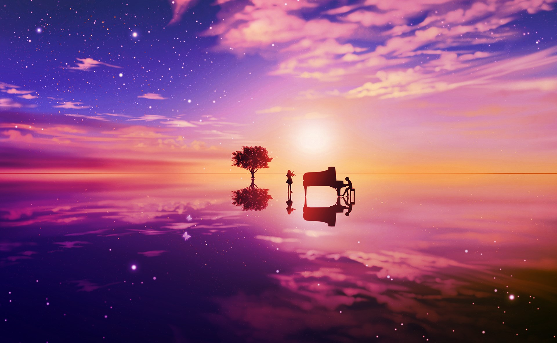 Serene Sunset with Piano and Tree Reflection HD Wallpaper