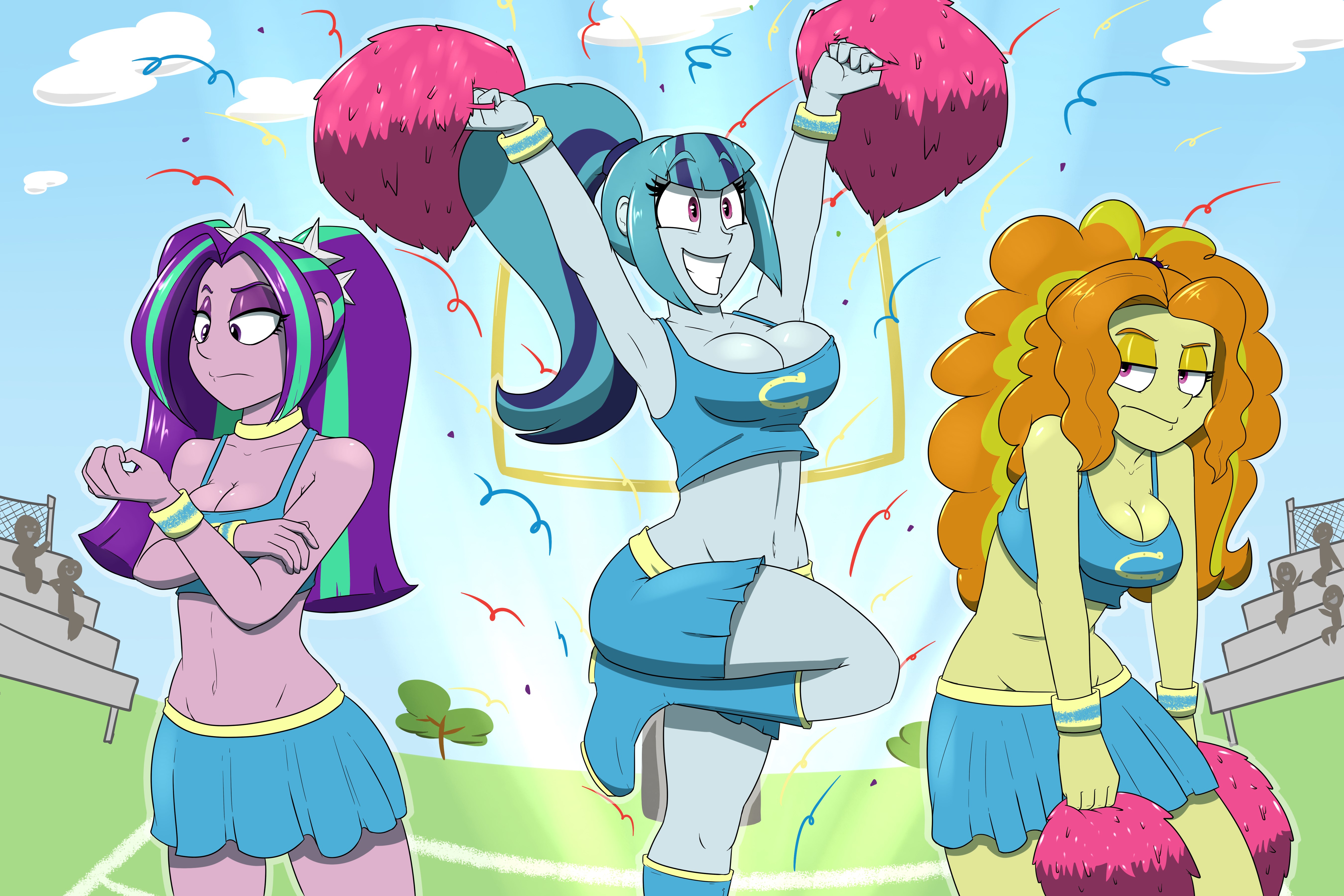 Three My Little Pony Equestria Girls cheerleaders on a football field HD Wallpaper