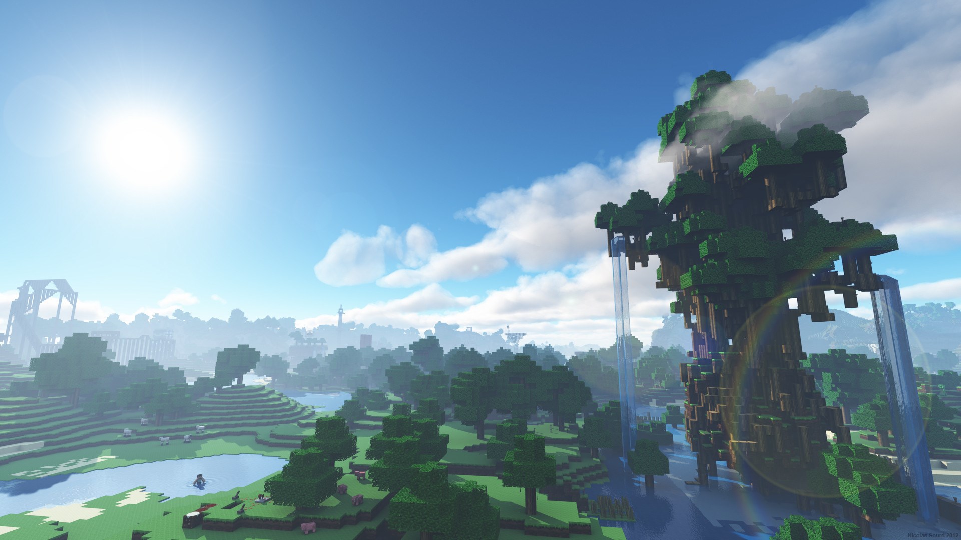 Minecraft landscape with a giant tree and waterfalls HD Wallpaper