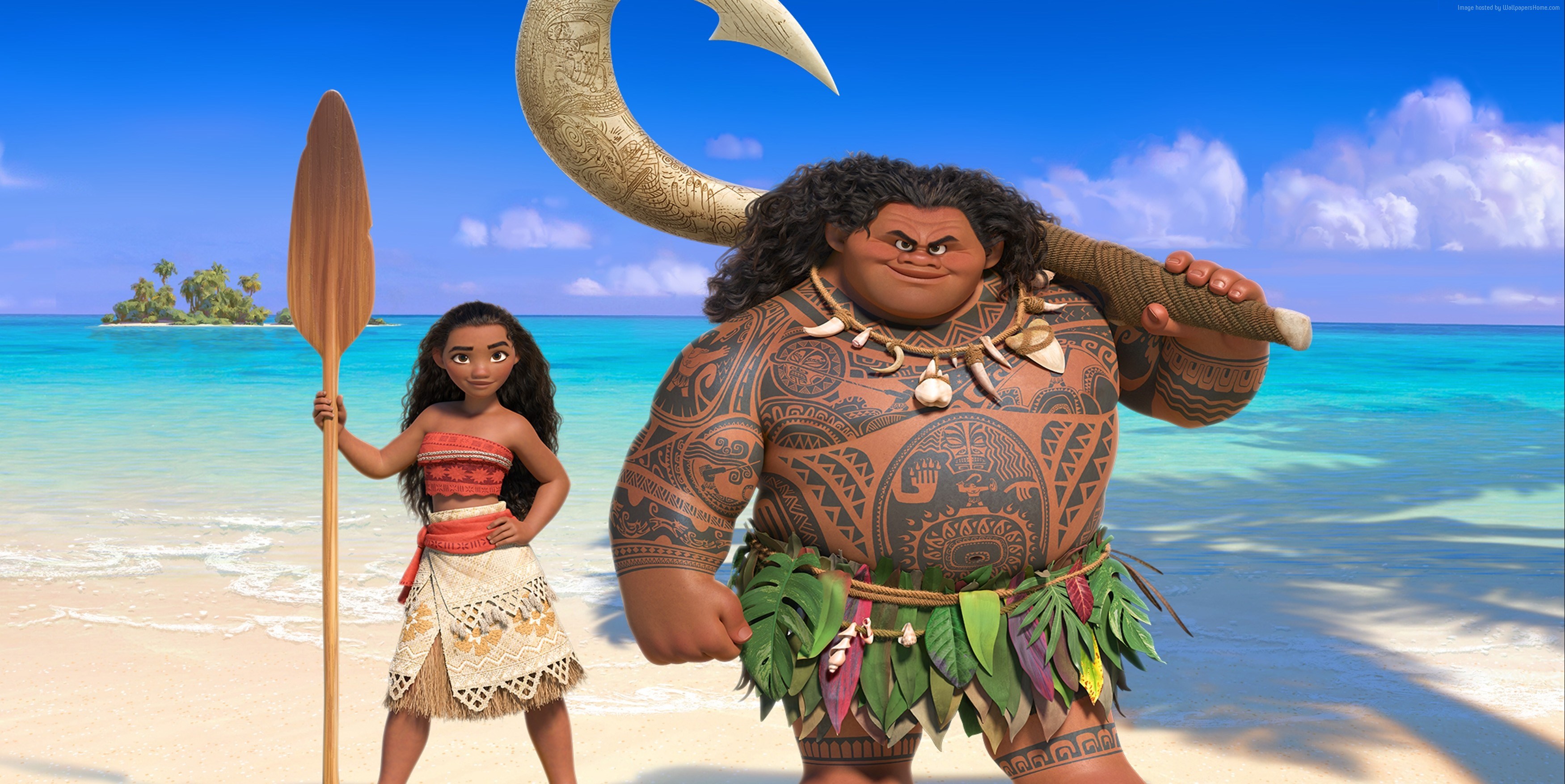 Moana and Maui on a beach HD Wallpaper