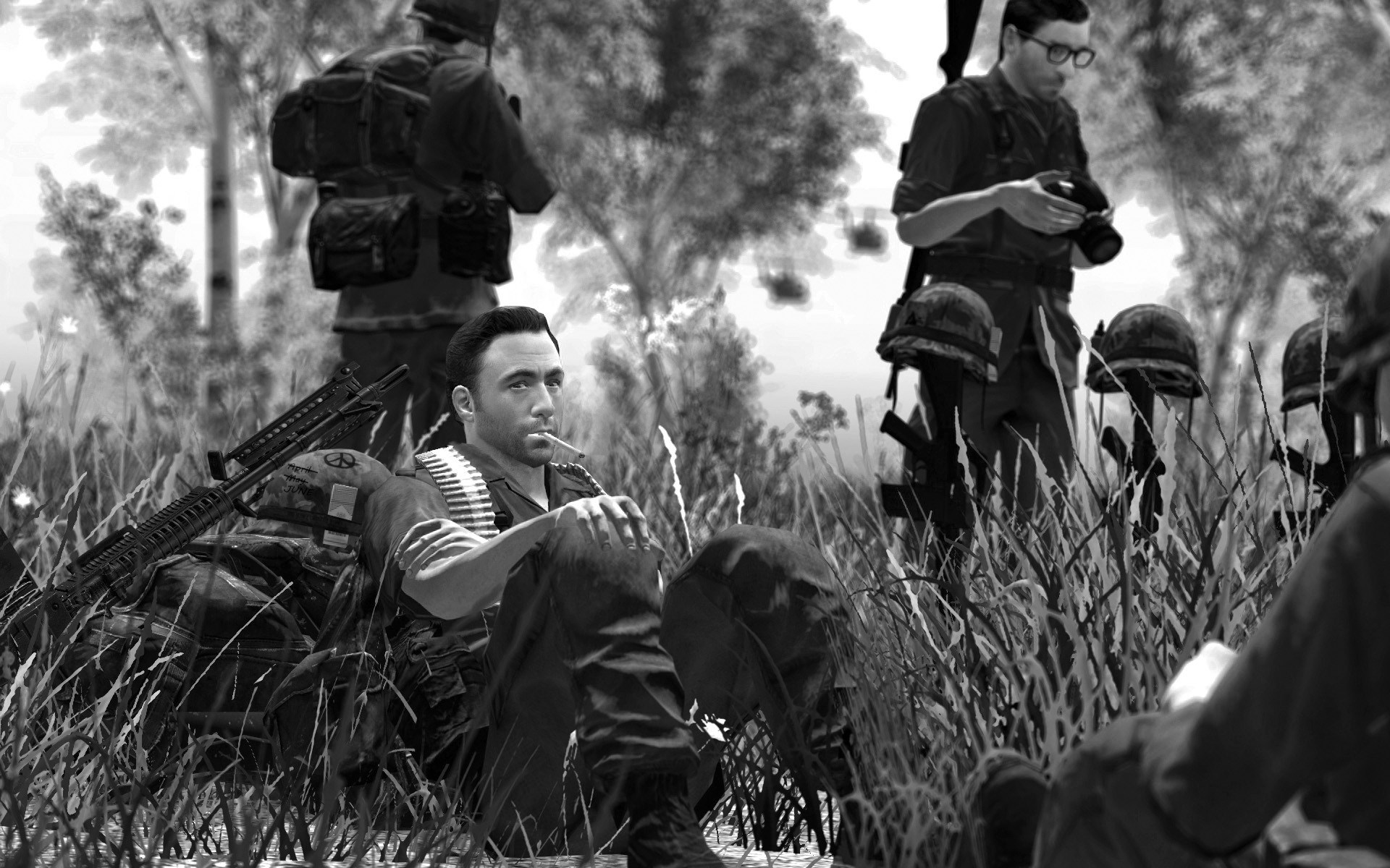 Soldiers in a field with rifles and helmets HD Wallpaper