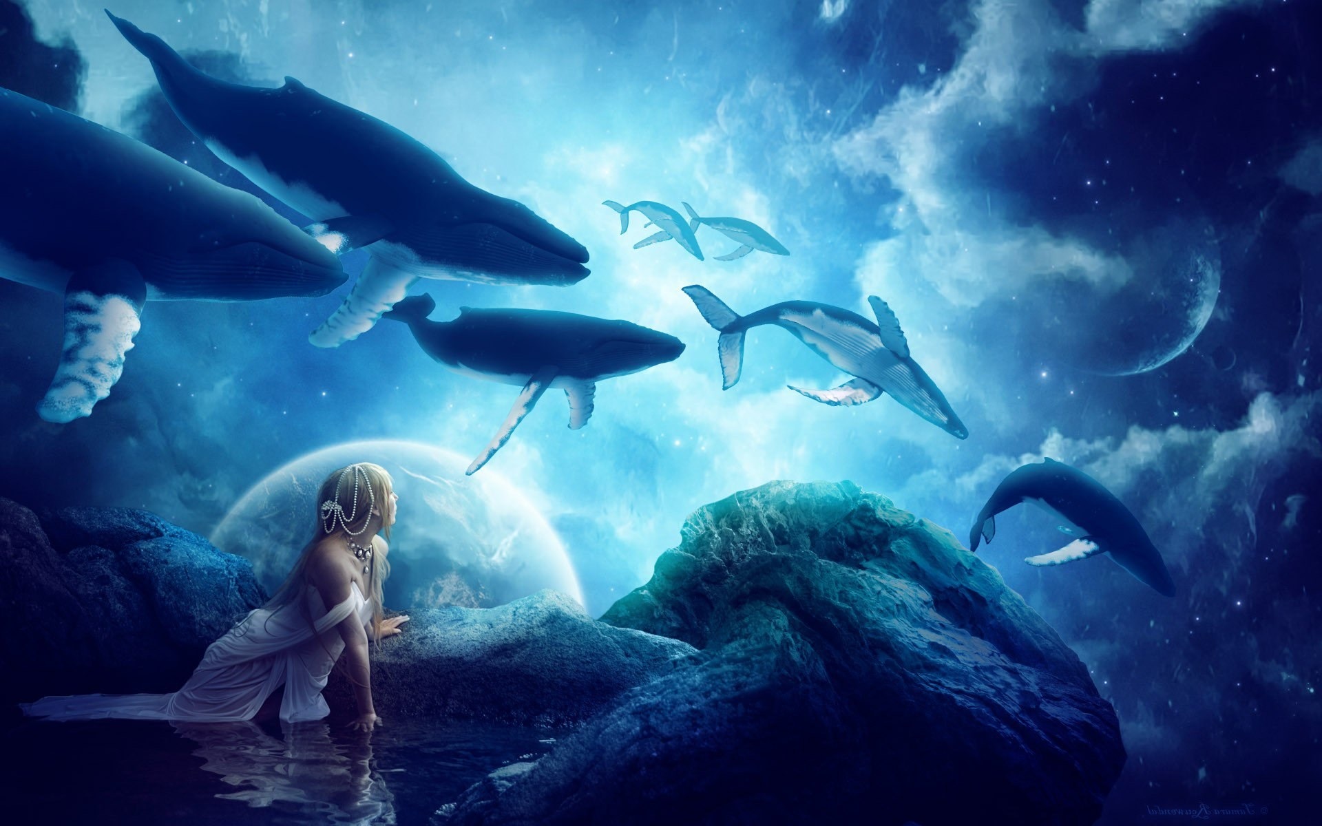 Whales swimming in a starry sky with a girl HD Wallpaper