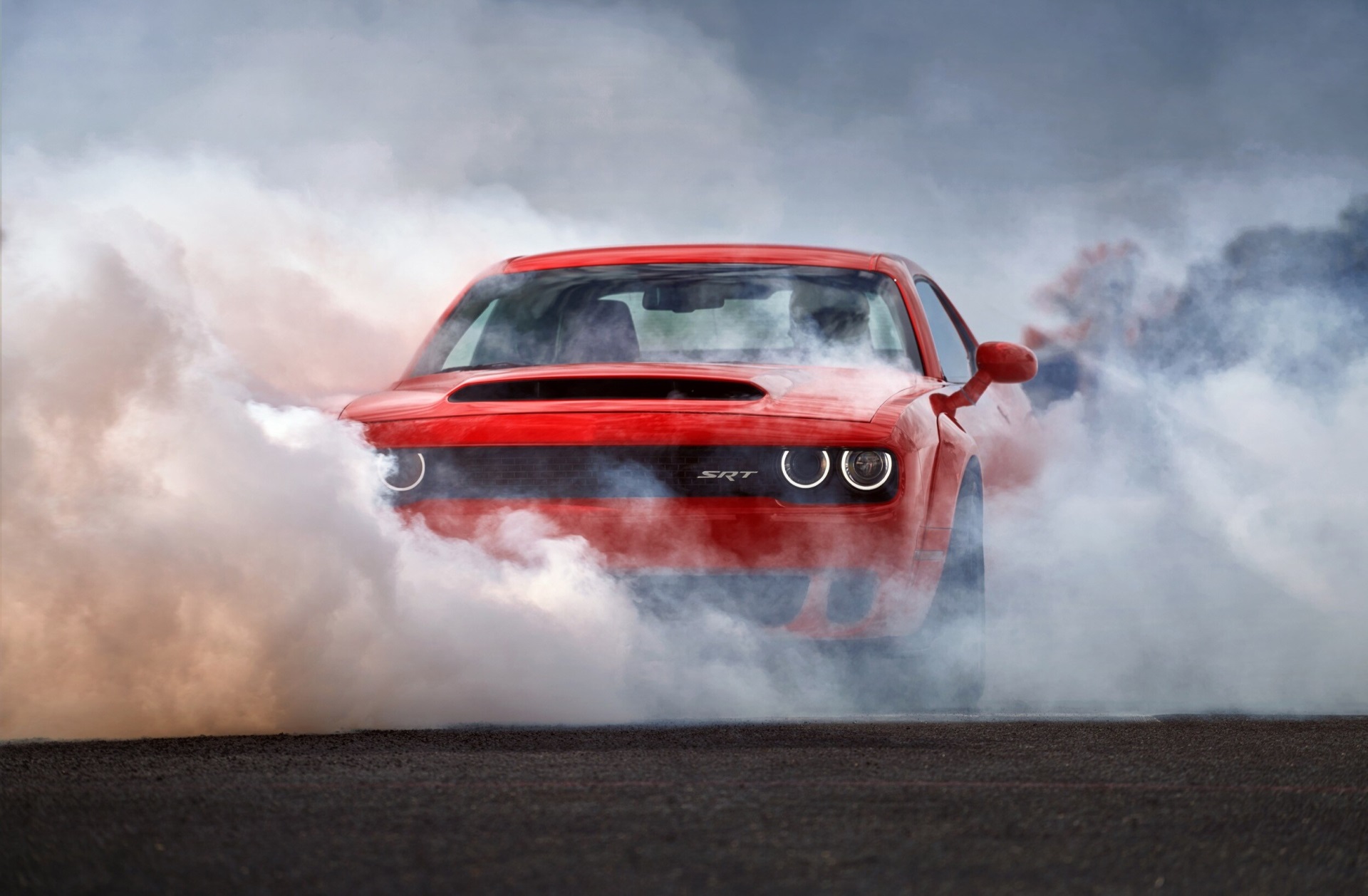 Red Dodge Challenger SRT Demon doing a burnout HD Wallpaper
