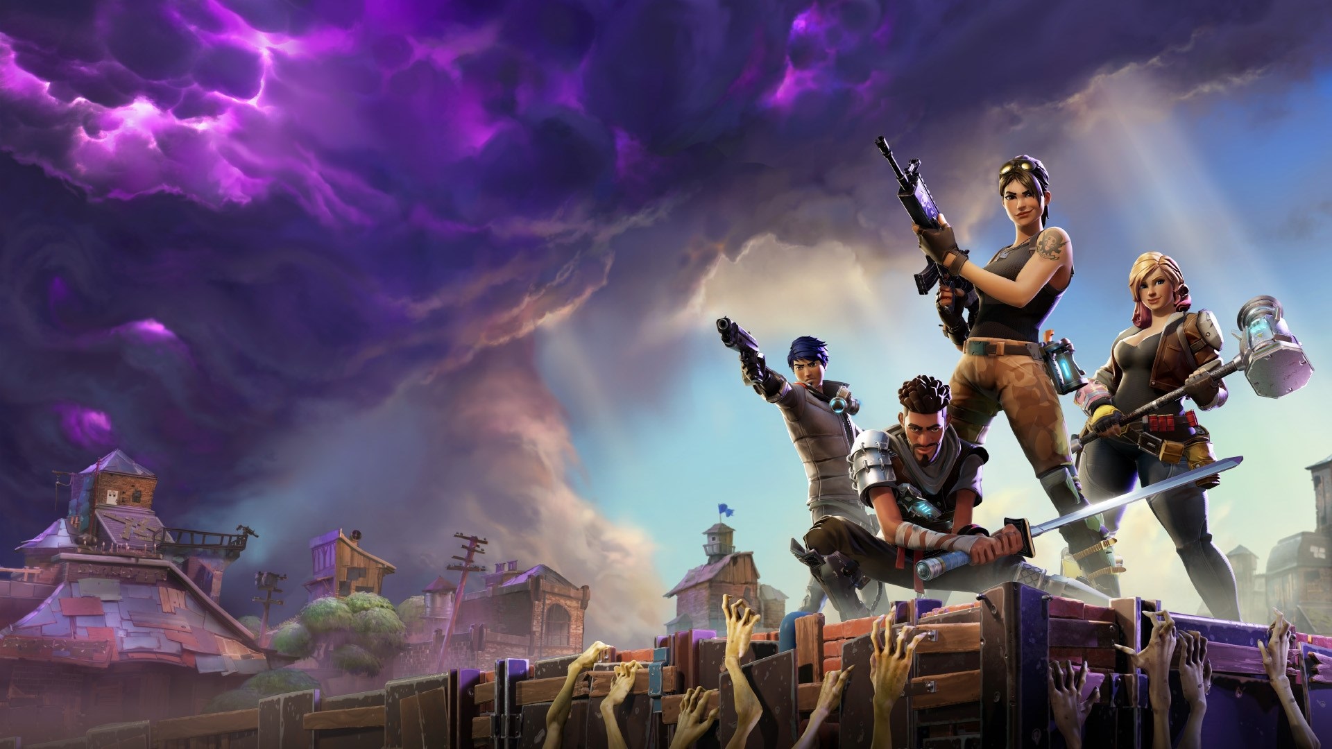 Fortnite characters standing on a barricade with zombies HD Wallpaper