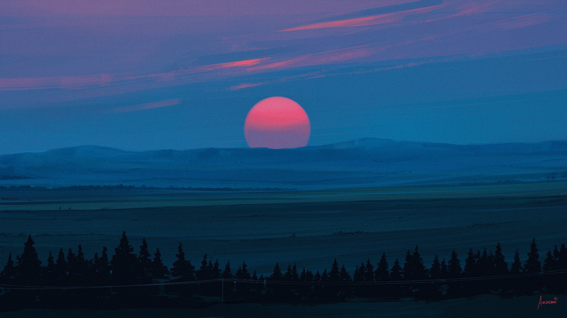 Sunset over rolling hills and pine forest HD Wallpaper