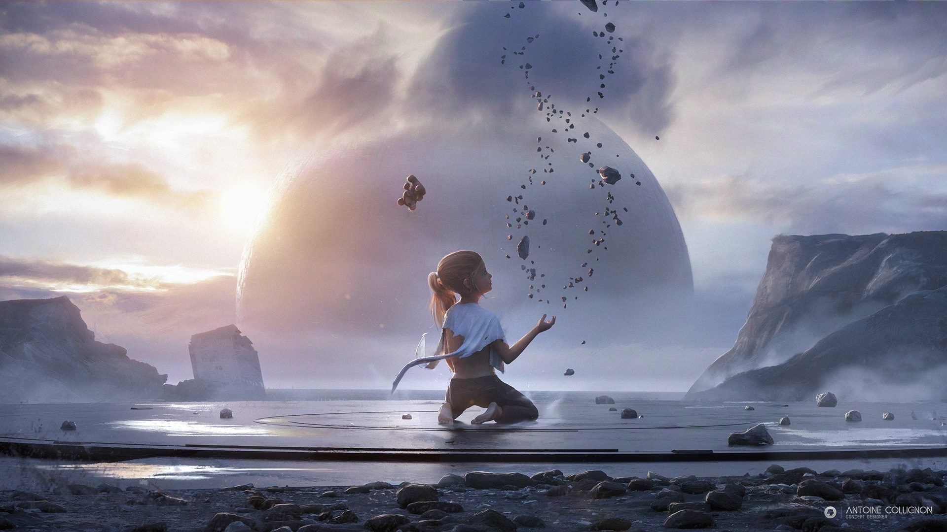 Girl levitating rocks in front of a planet HD Wallpaper