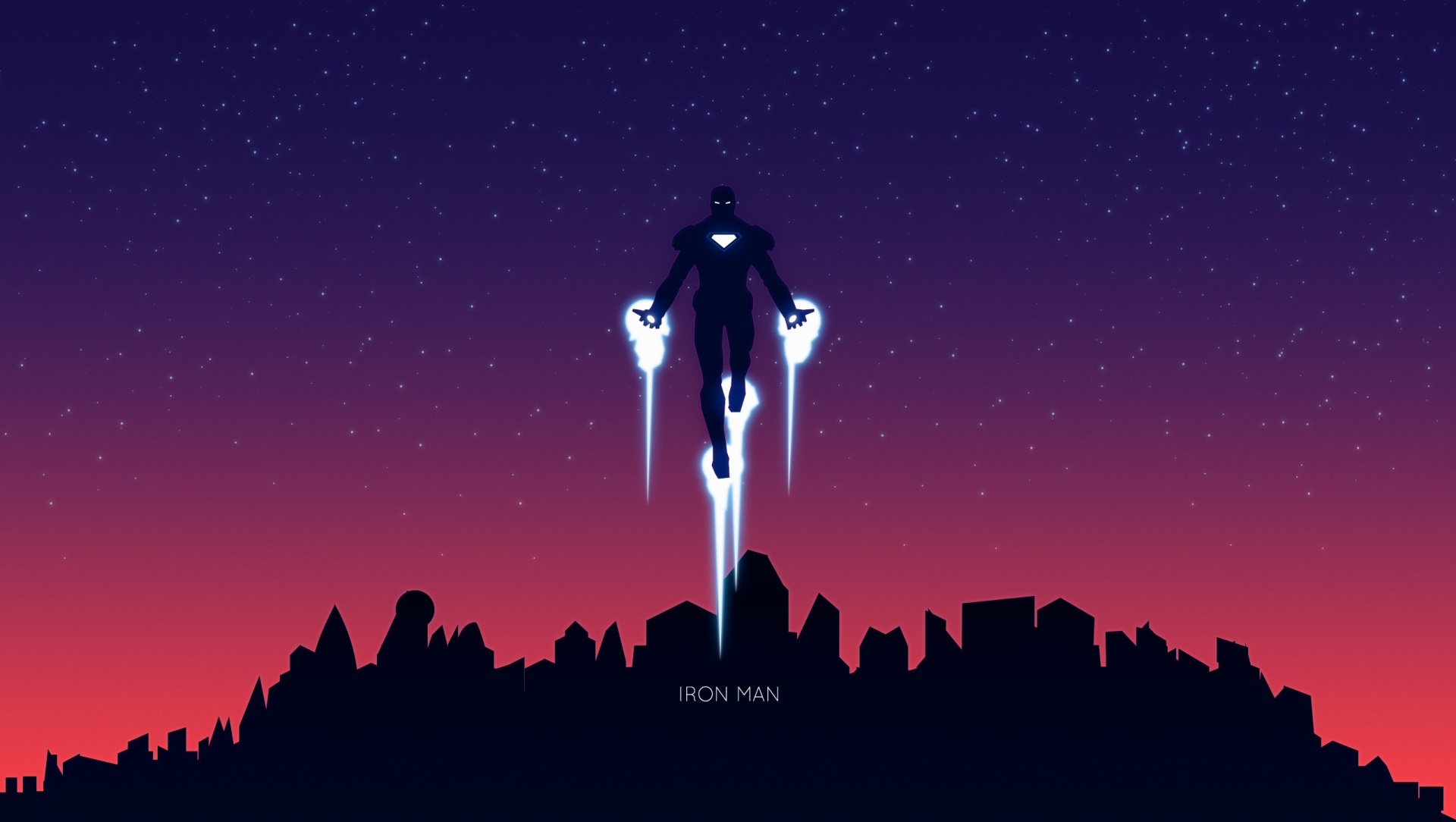 Iron Man flying over a city skyline at sunset HD Wallpaper