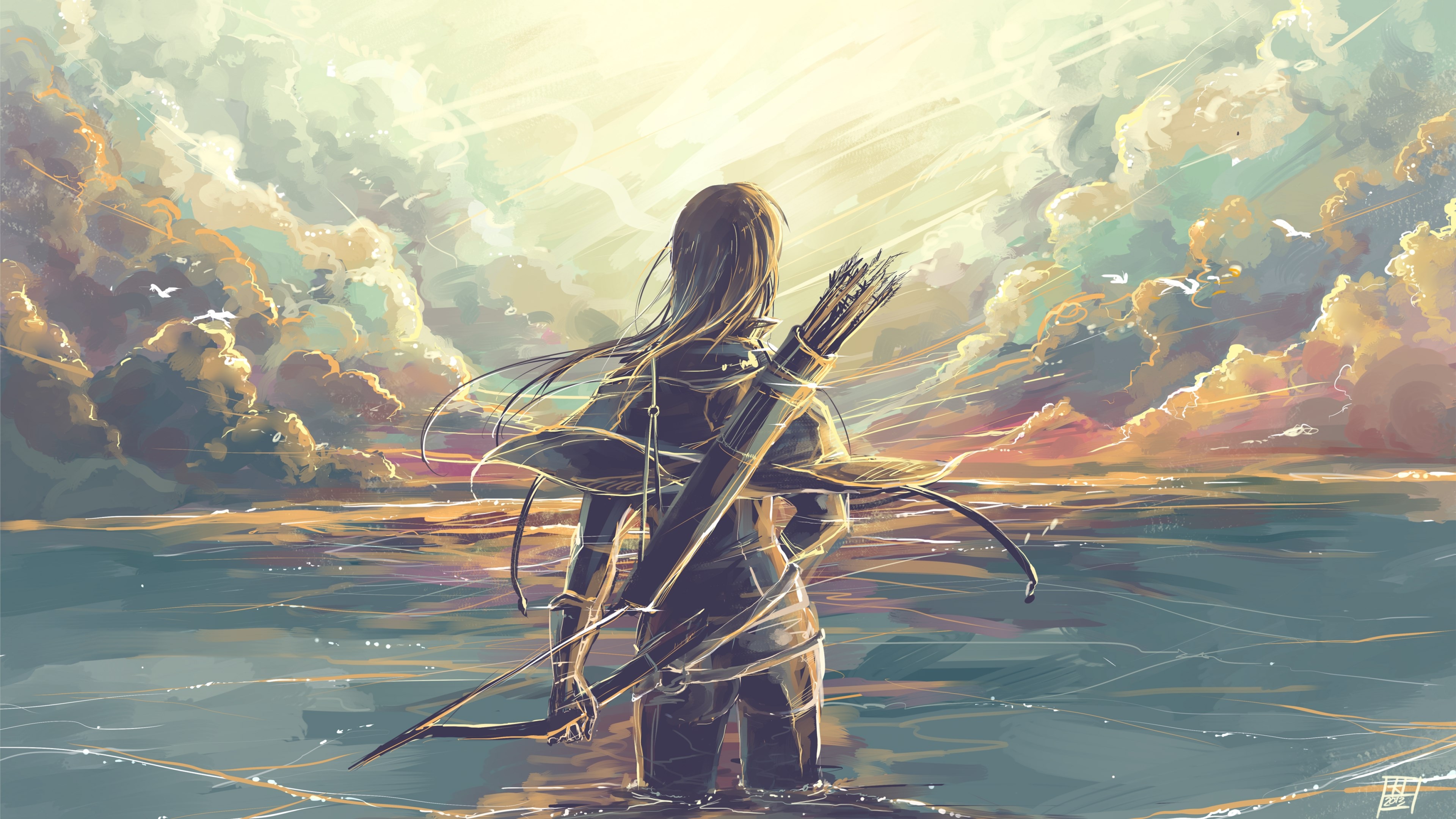 Archer standing in water at sunset HD Wallpaper