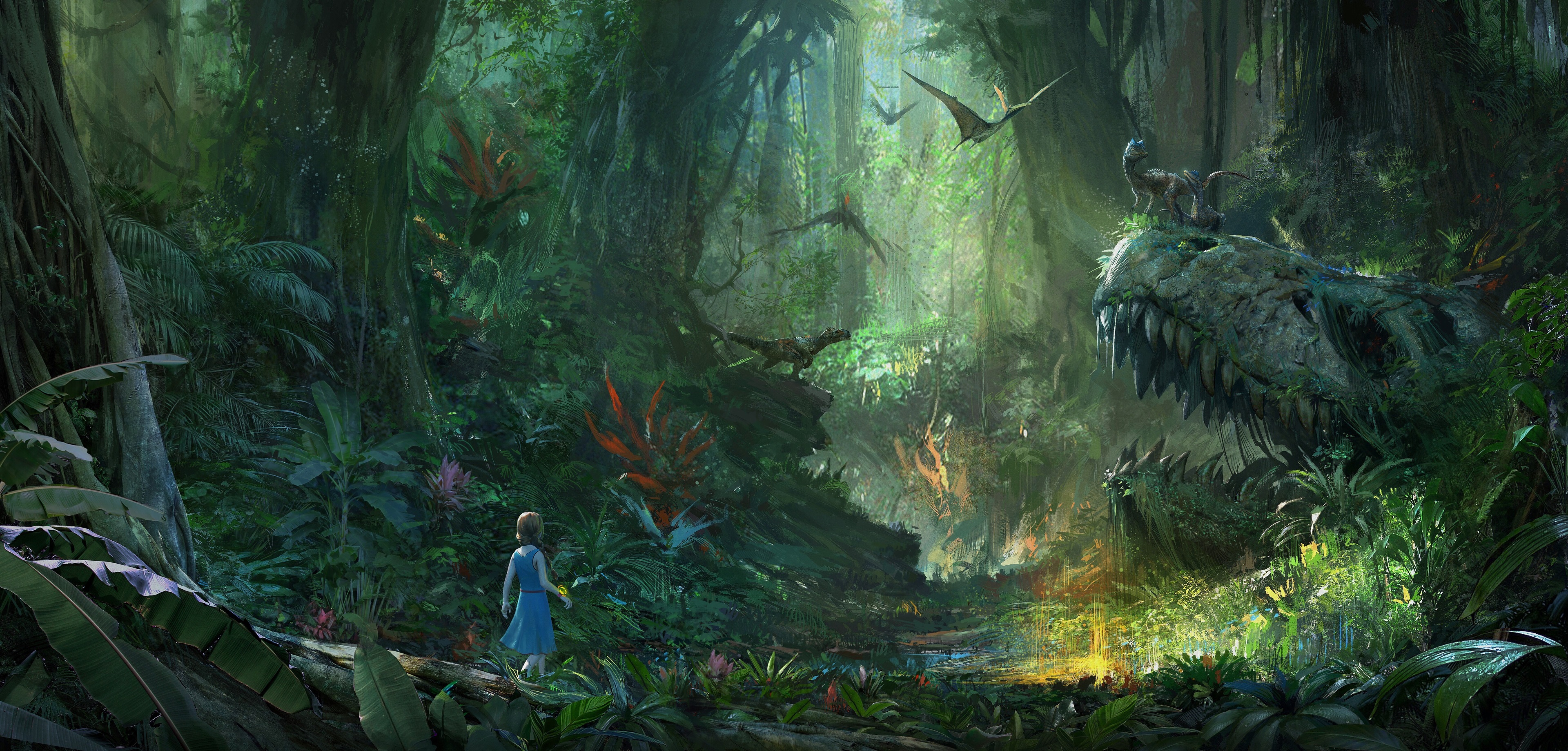 Girl in jungle with dinosaurs and pterodactyls HD Wallpaper