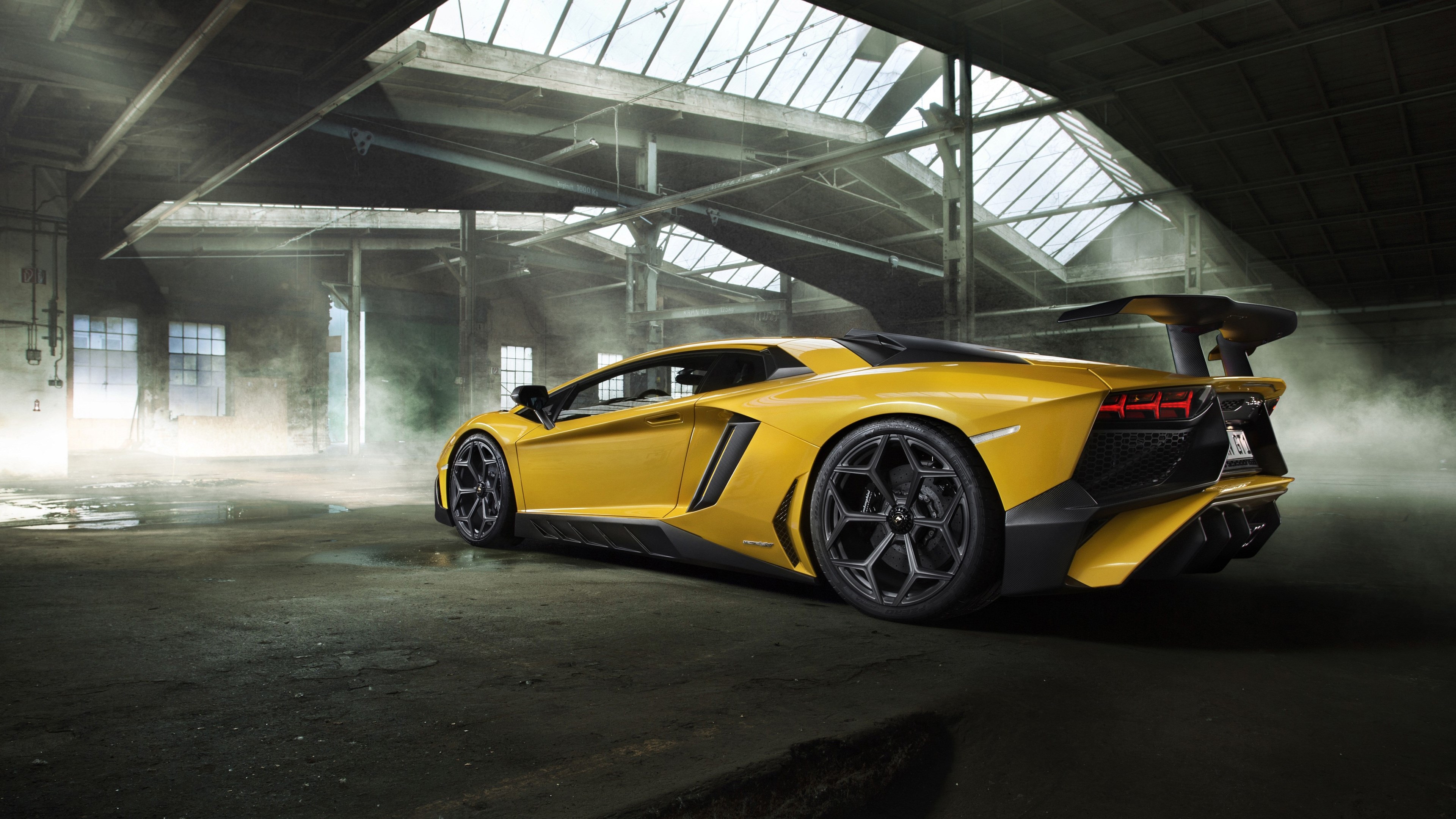 Yellow Lamborghini in Industrial Warehouse 4K HD Wallpaper