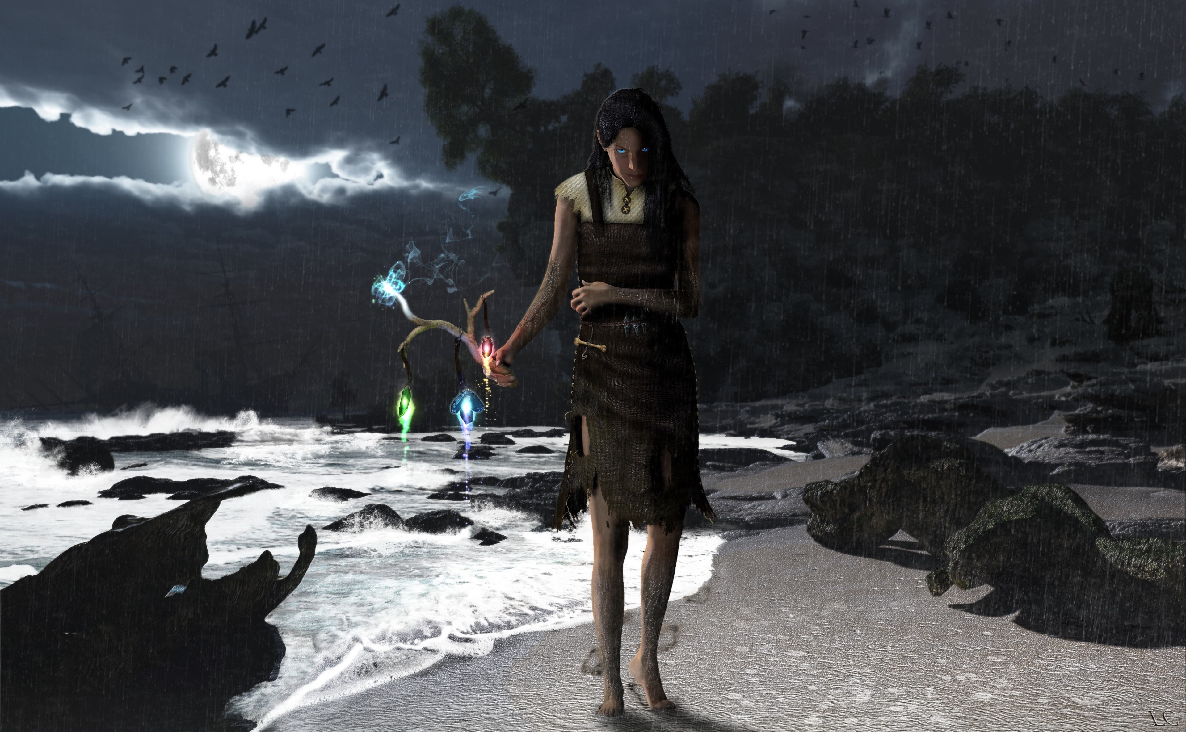 Girl with magical staff on a stormy beach HD Wallpaper