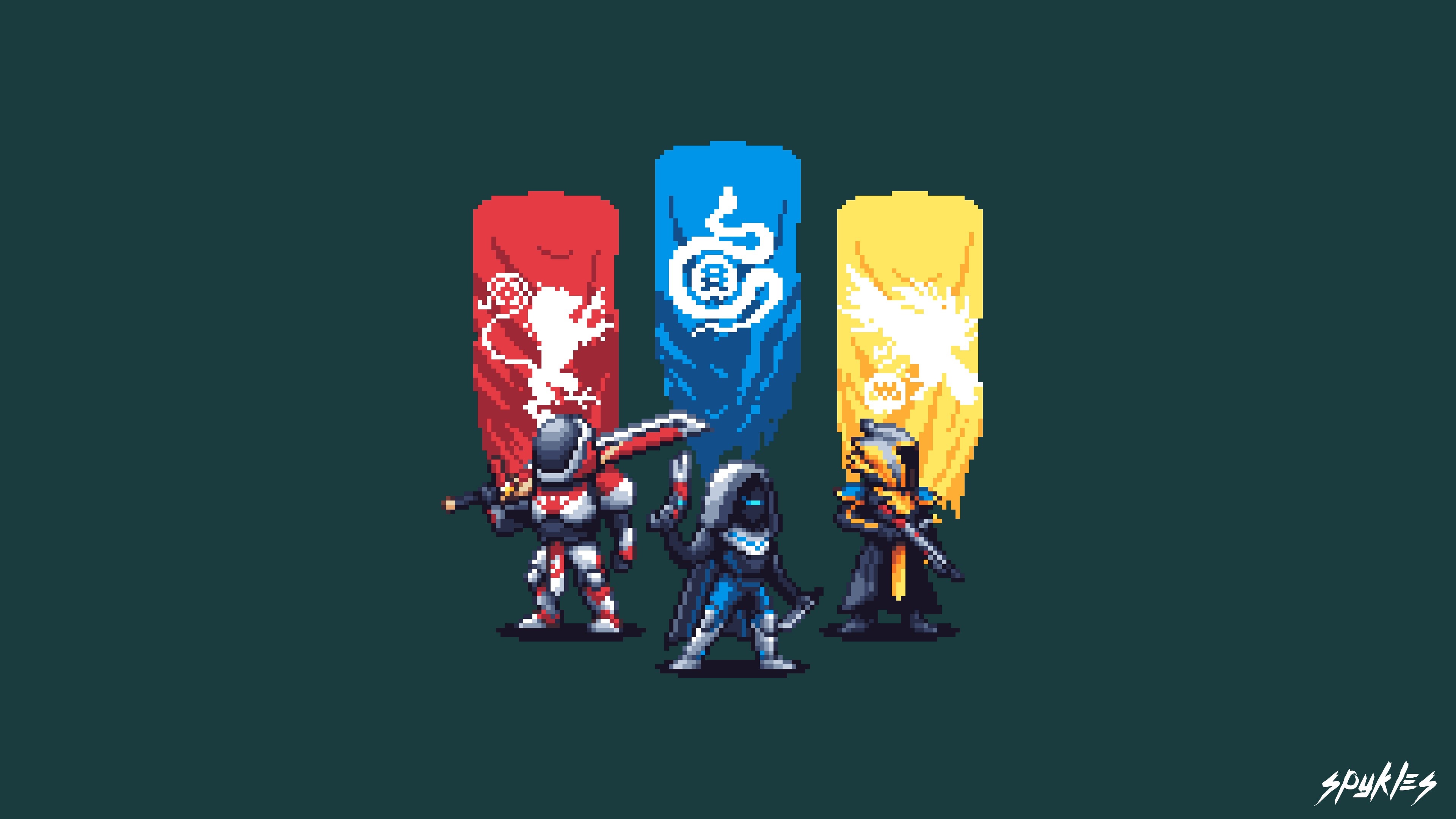 Destiny 2 pixel art characters with banners HD Wallpaper