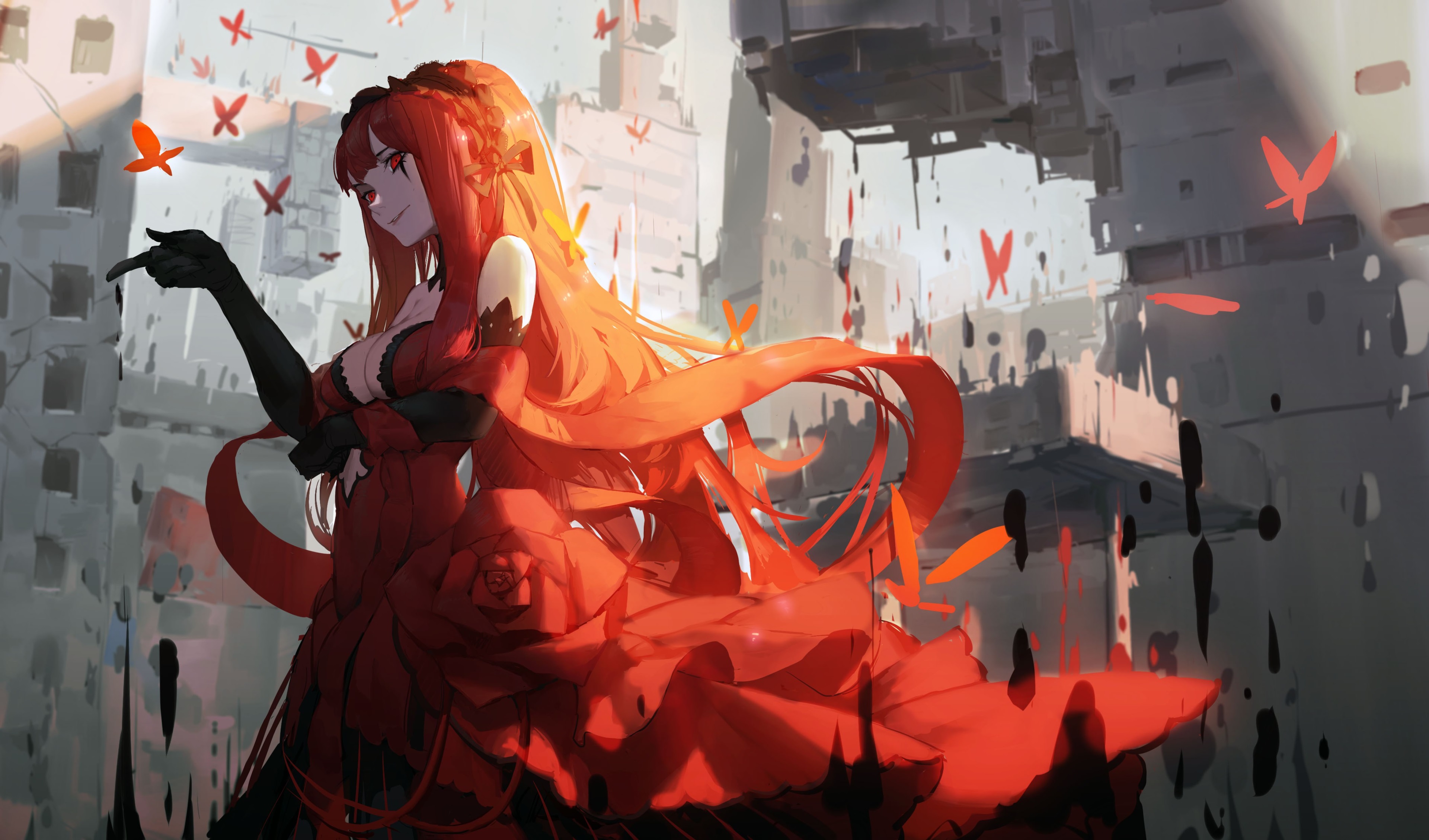 Anime girl in red dress with butterflies HD Wallpaper