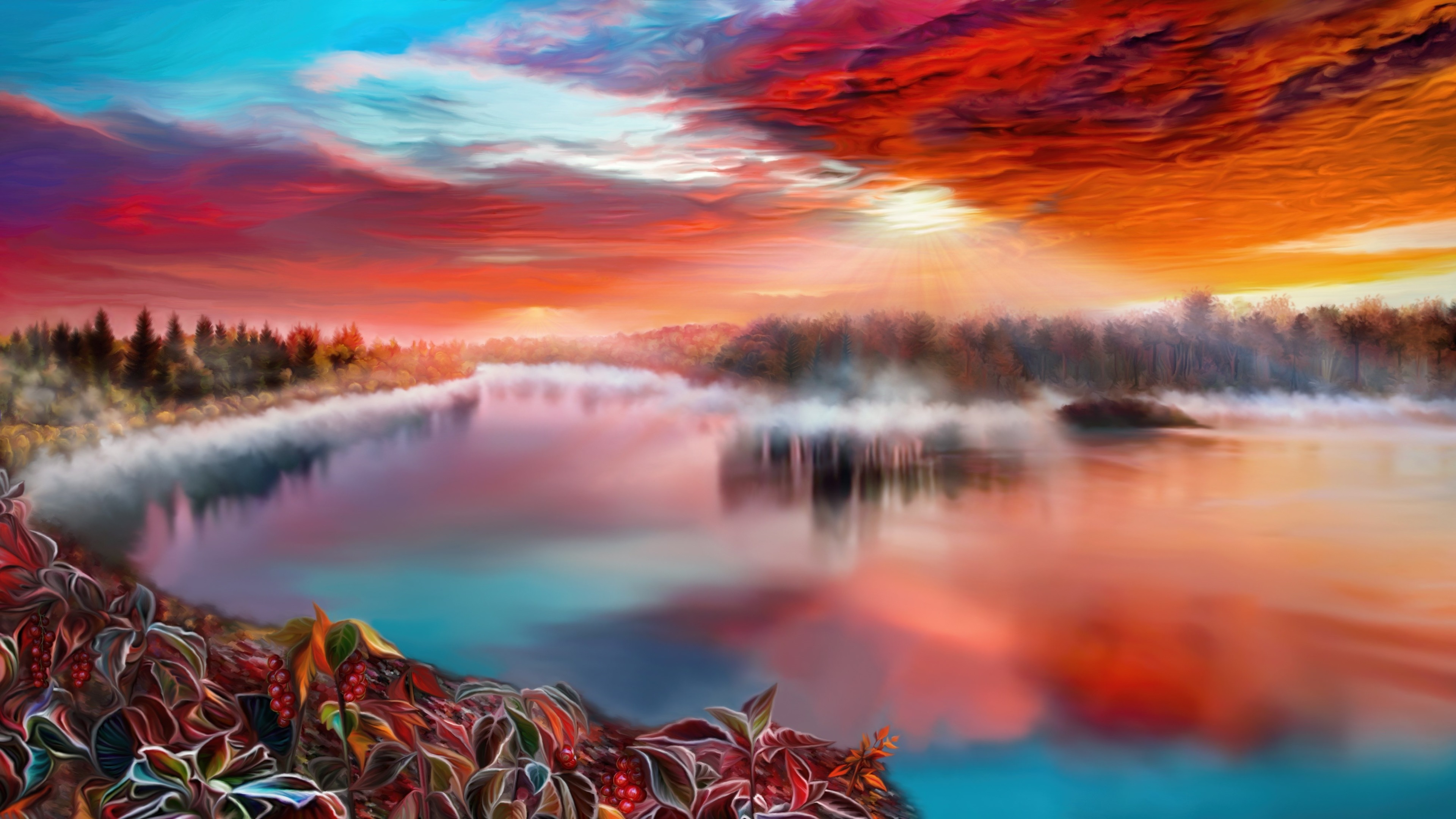 River with colorful sky and trees 4K HD Wallpaper