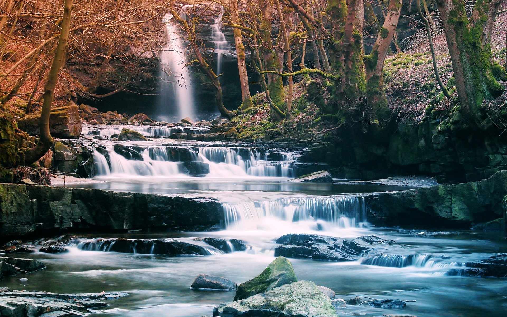 Multi-tiered waterfall flowing through a mossy forest HD Wallpaper
