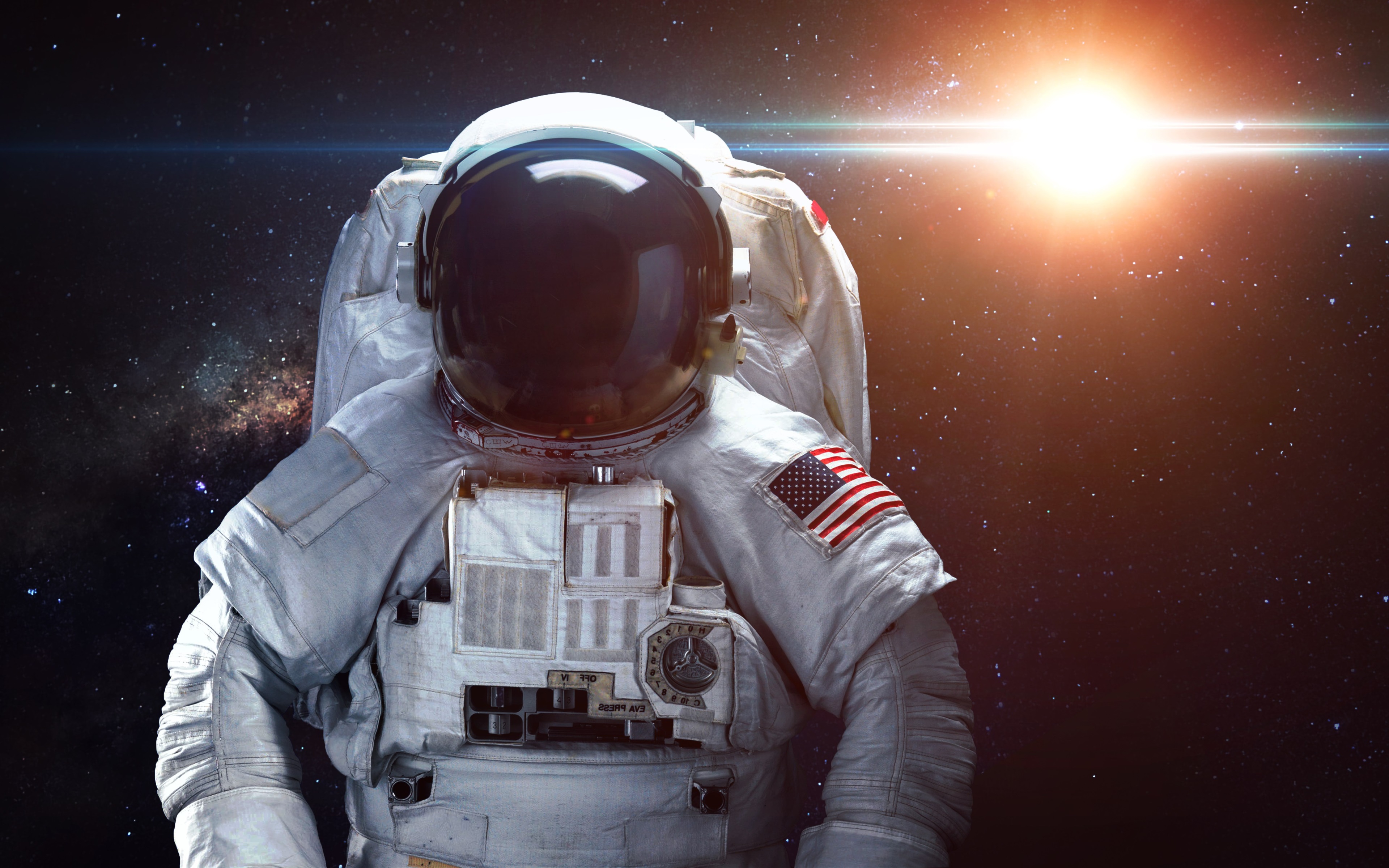 Astronaut in space with sun flare HD Wallpaper