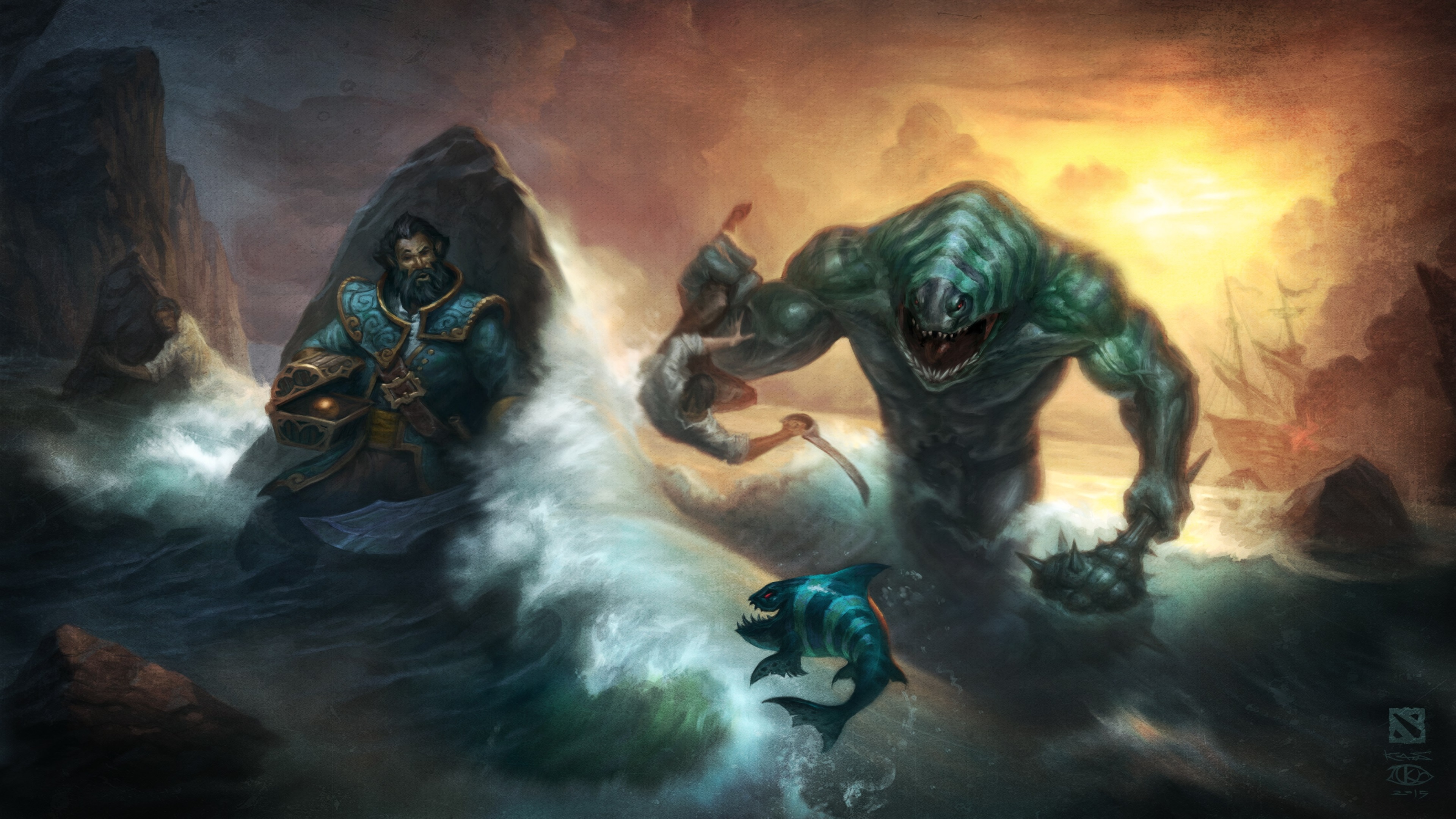 Tidehunter and Kunkka from Dota 2 in a stormy sea HD Wallpaper