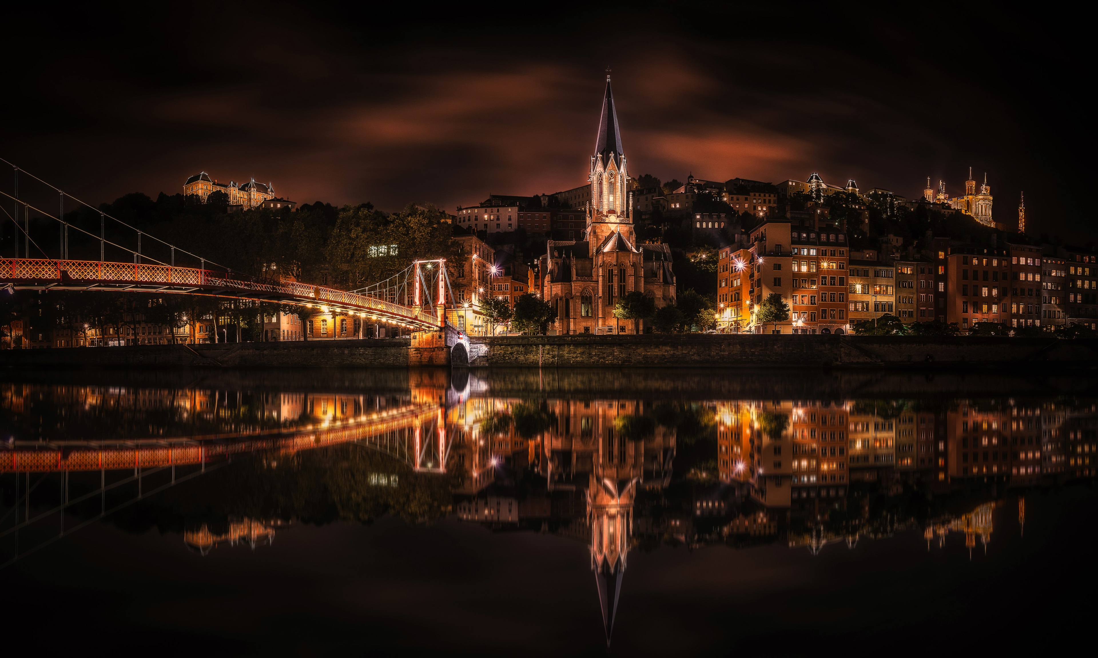 Night view of Lyon with bridge and church HD Wallpaper