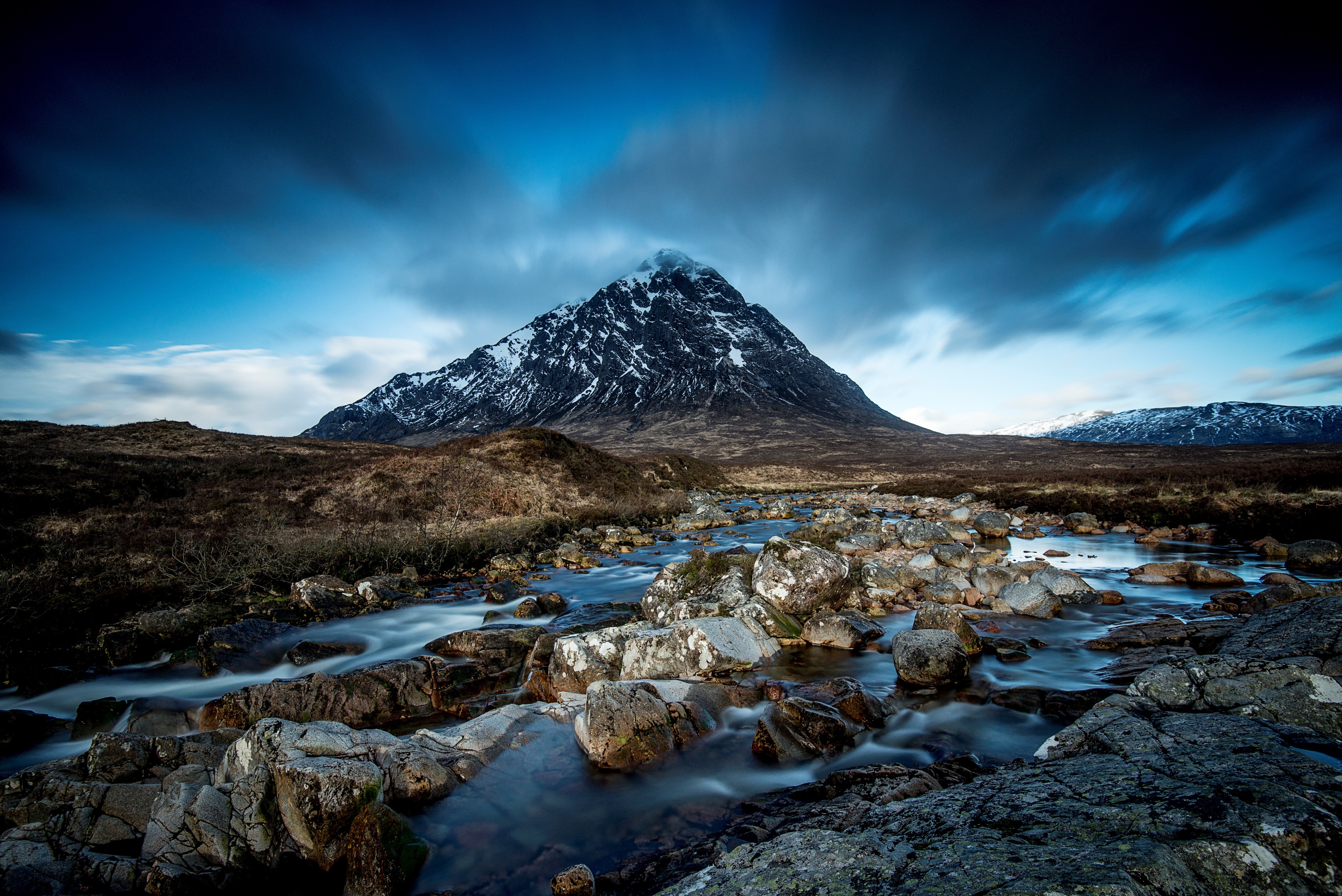 Mountain with snow and river 4K HD Wallpaper