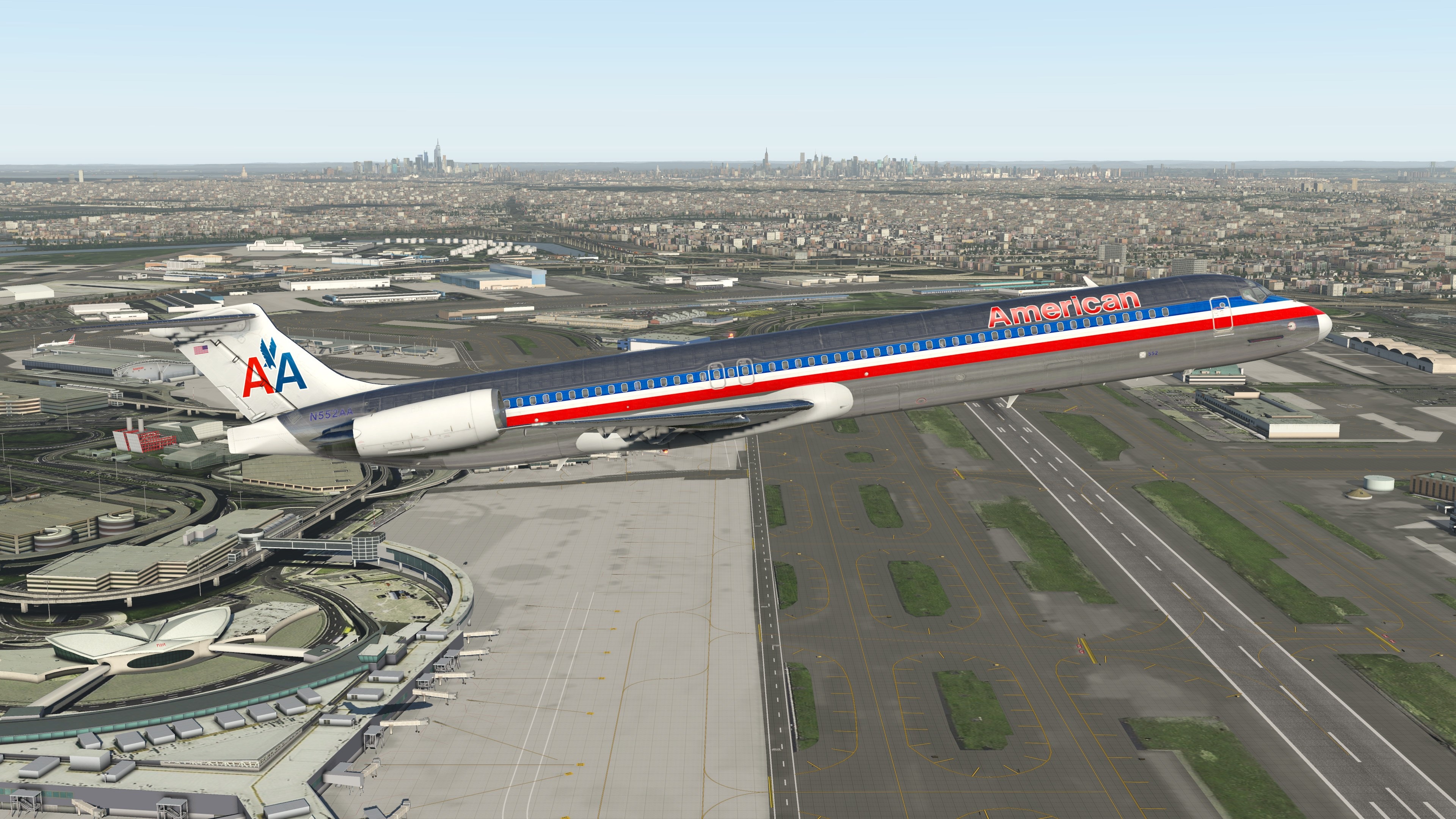 American Airlines airplane taking off from airport with city skyline HD Wallpaper